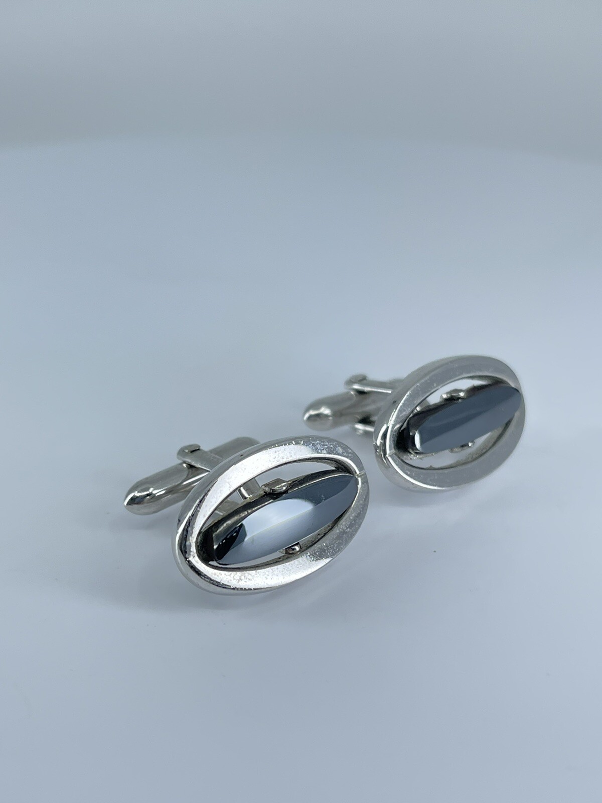 Vintage Swank hematite cufflinks long oval open silver tone design 3/4″