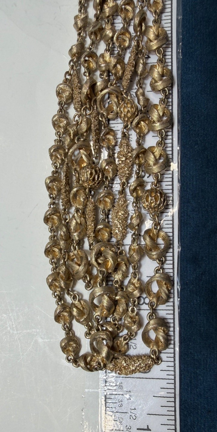 Vintage Knot Filigree Bead Necklace Multi Strand Beaded Gold Tone Acorn Hook