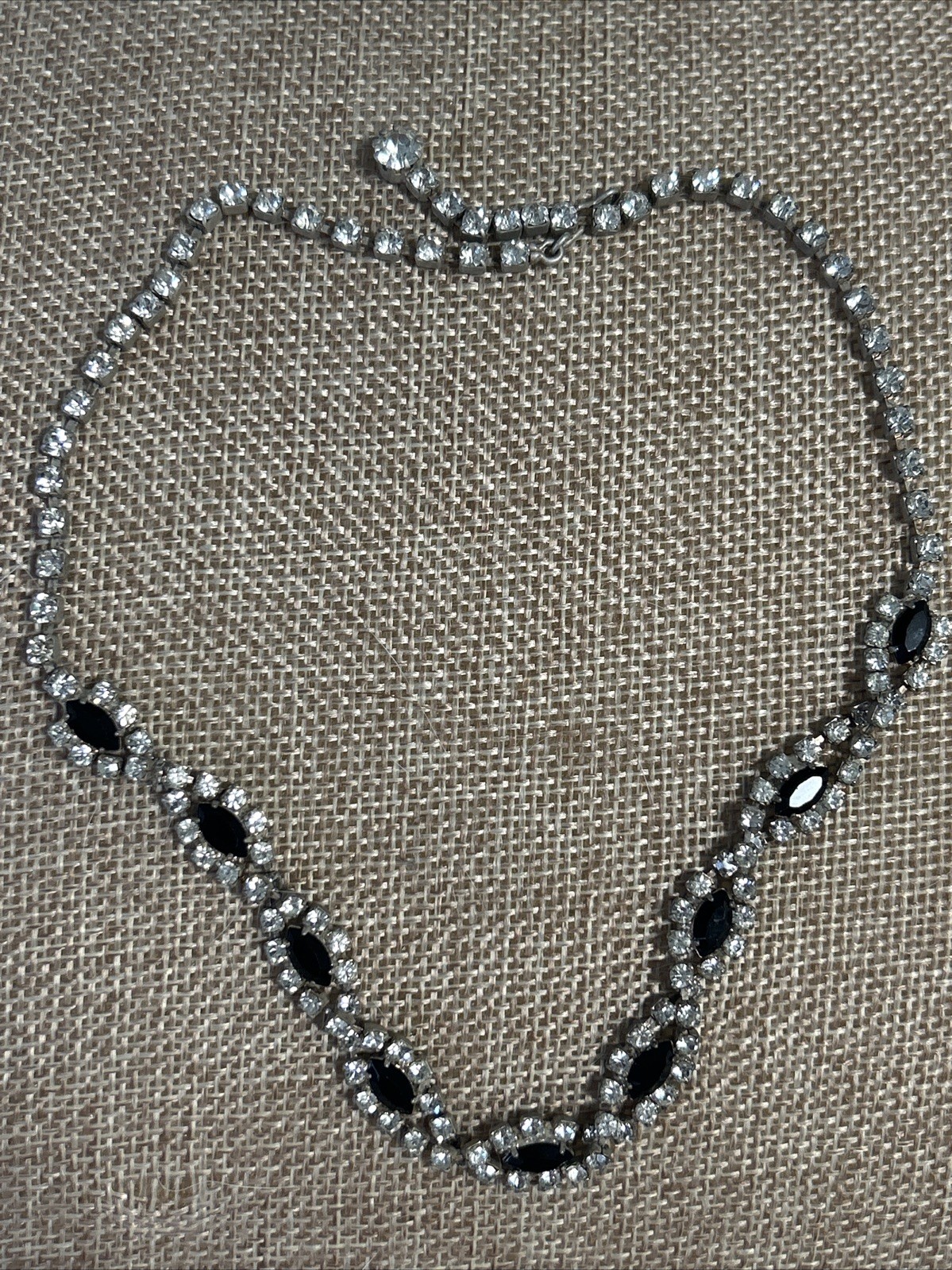 Vintage Silver-Tone Choker with Black Marquise & Clear Round Rhinestones