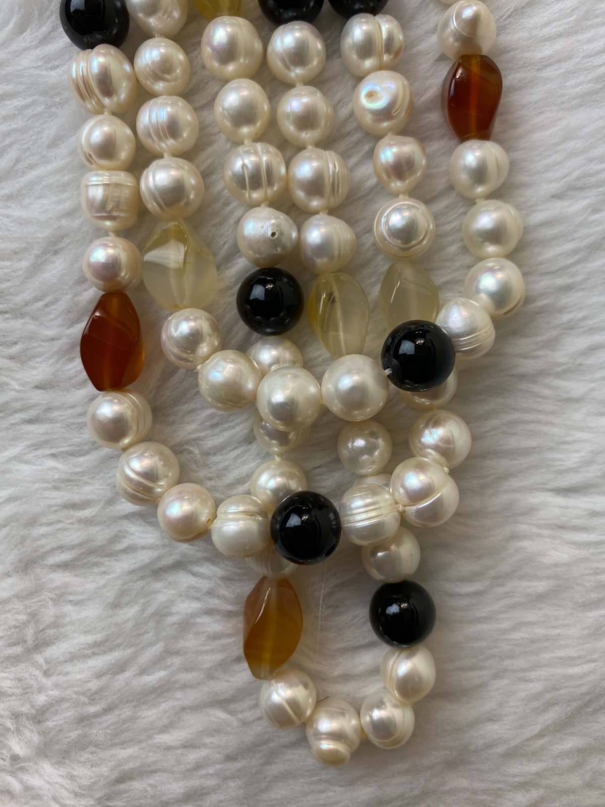 Vtg 1950s Japan Knotted Faux Pearl Multi-Strand Necklace Cream Amber Black 18″
