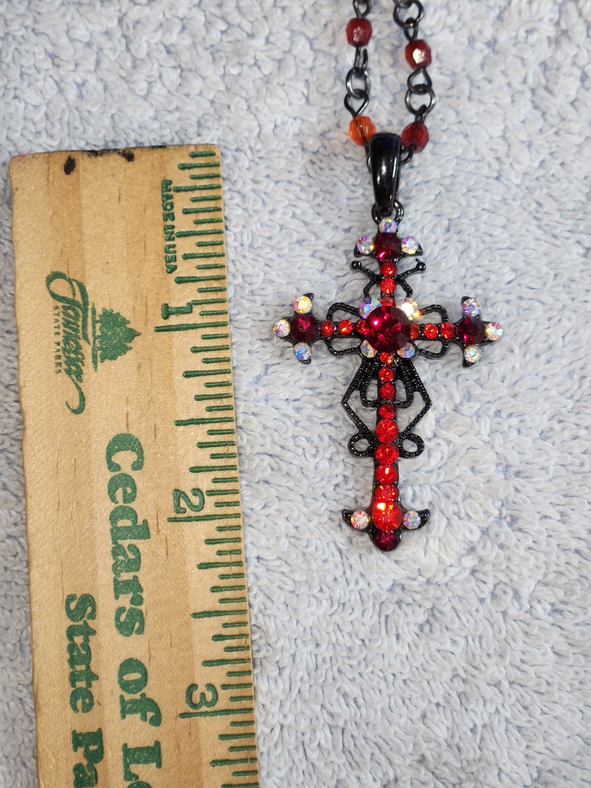 Vintage Ruby Red Crystal 1.5″ Cross Beaded 16″ + 2″ Necklace