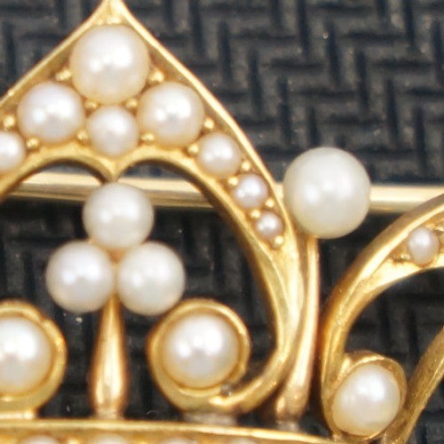Antique Crown Brooch 14k Yellow Gold Seed Pearl Vintage Excellent 4g 1.125″