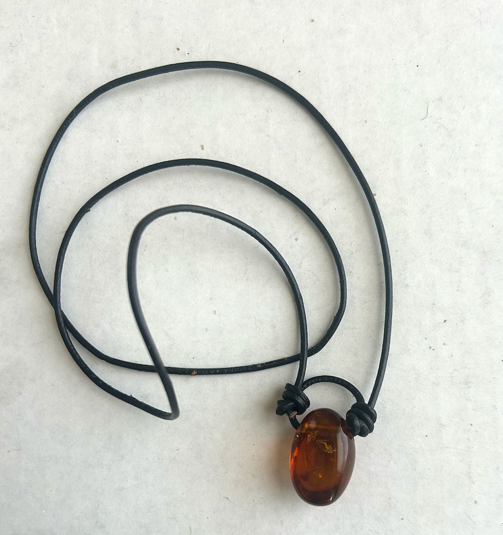 Baltic Cognac Honey Amber Teardrop Pendant Necklace Black Leather Cord