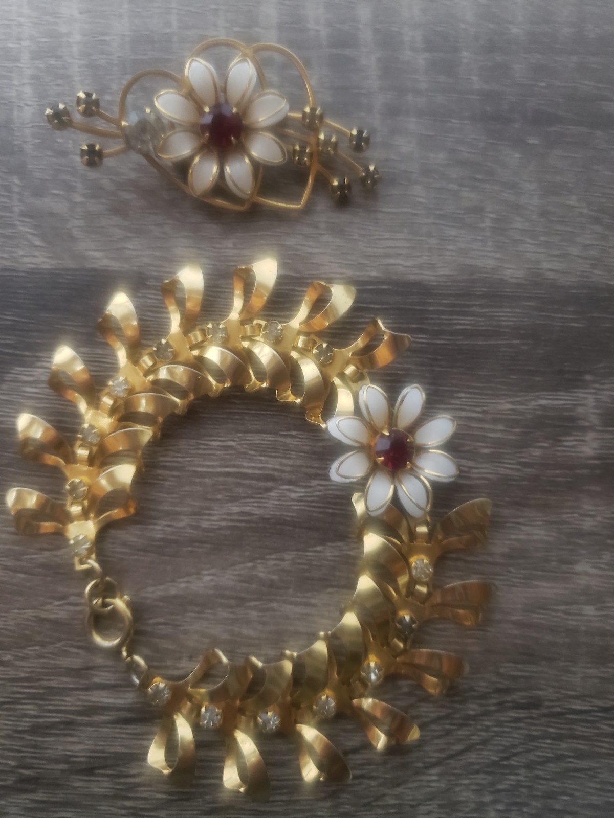 Vintage 70’s Enameled Flower With A Red Stone,Double Heart Brooch And Bracelet
