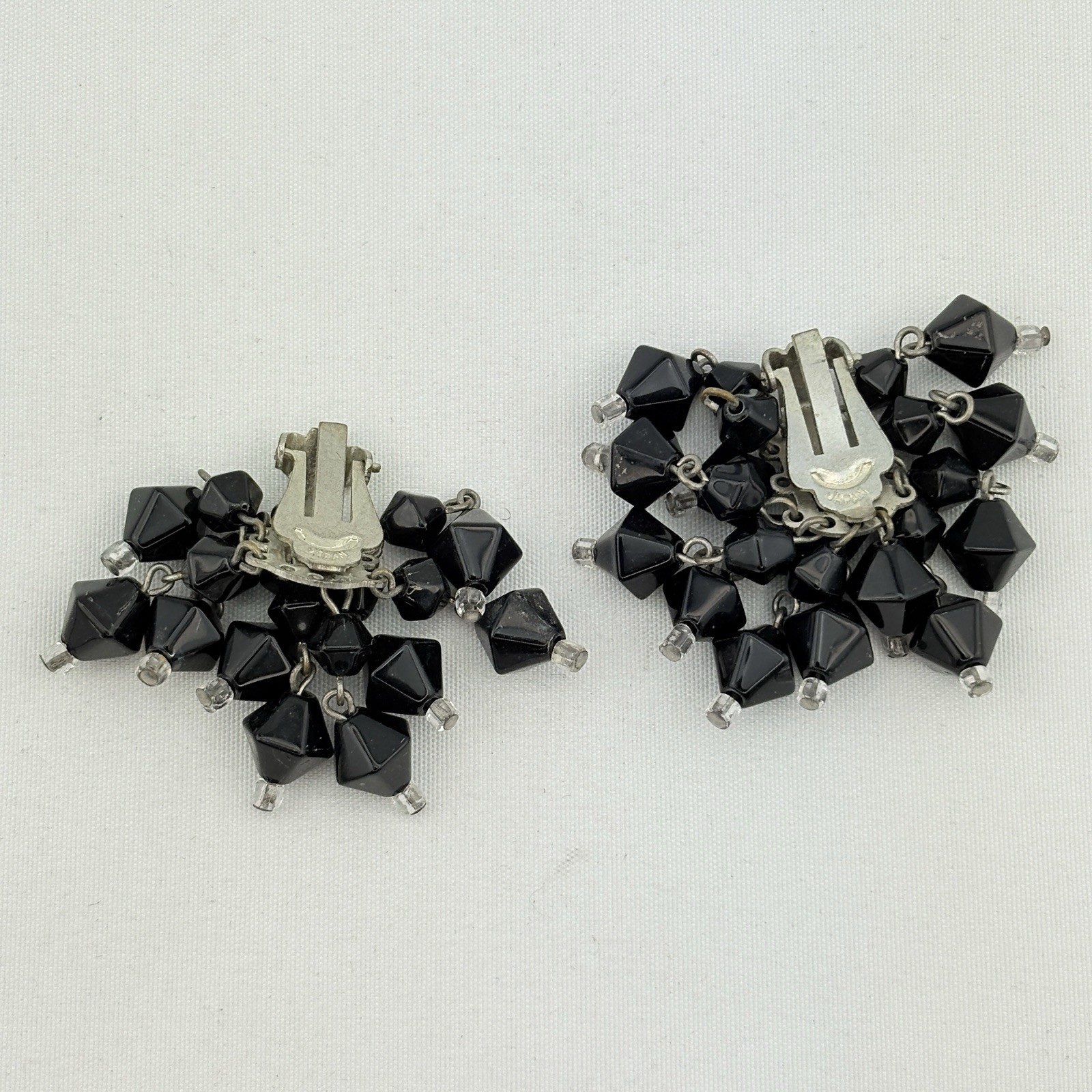 Vintage Japanese Black/Clear Glass Bead Cluster Dangle Earrings Clip On