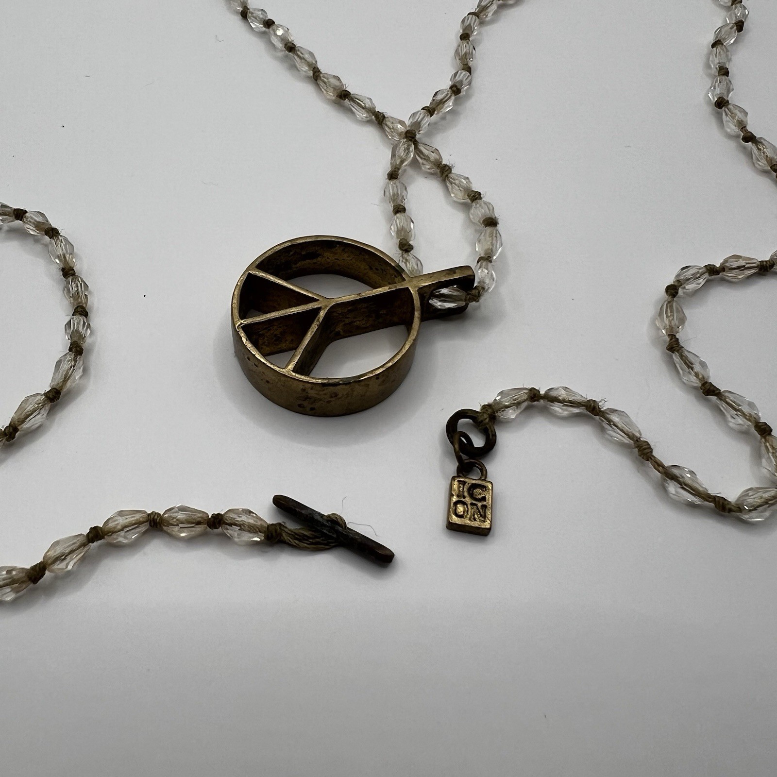 ICON Peace Sign Necklace Brass and Glass Beaded Chain 38” Long Casual Every Day