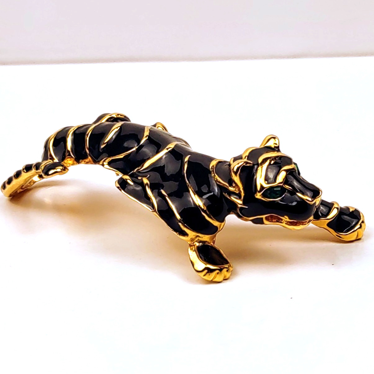 Tiger Brooch Black Enamel Gold Colored Metal Stripes Green Rhinestone Eyes 4.5″