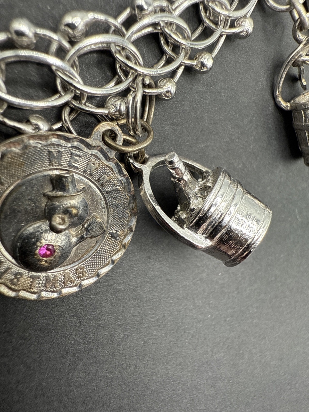VINTAGE STERLING SILVER CHARM BRACELET Champagne Hat Barrel Grad 32 G 7” J13