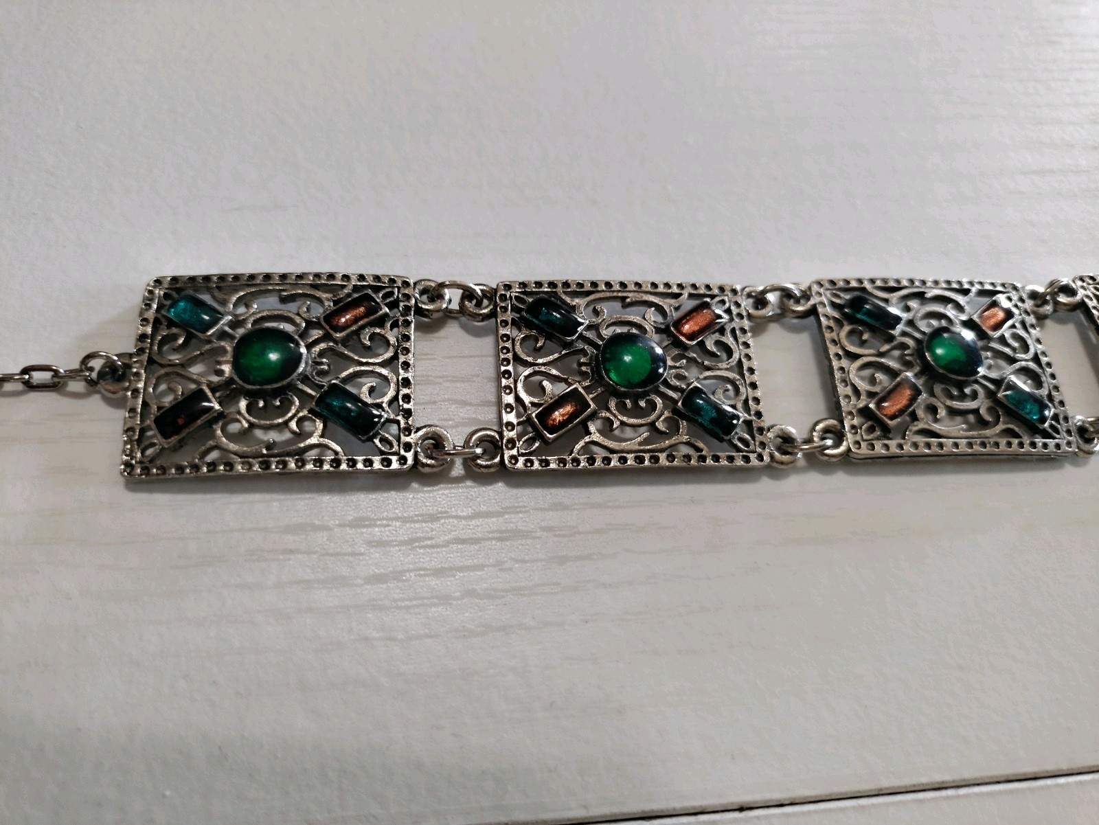 Souvenir Du Maroc Jewel tone Colors Link Bracelet w/ Hamsa Hand Moroccan Vintage