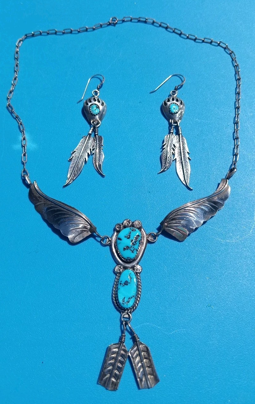 VINTAGE NAVAJO TURQUOISE STERLING SILVER FEATHER NECKLACE & EARRINGS 25.7 Gram