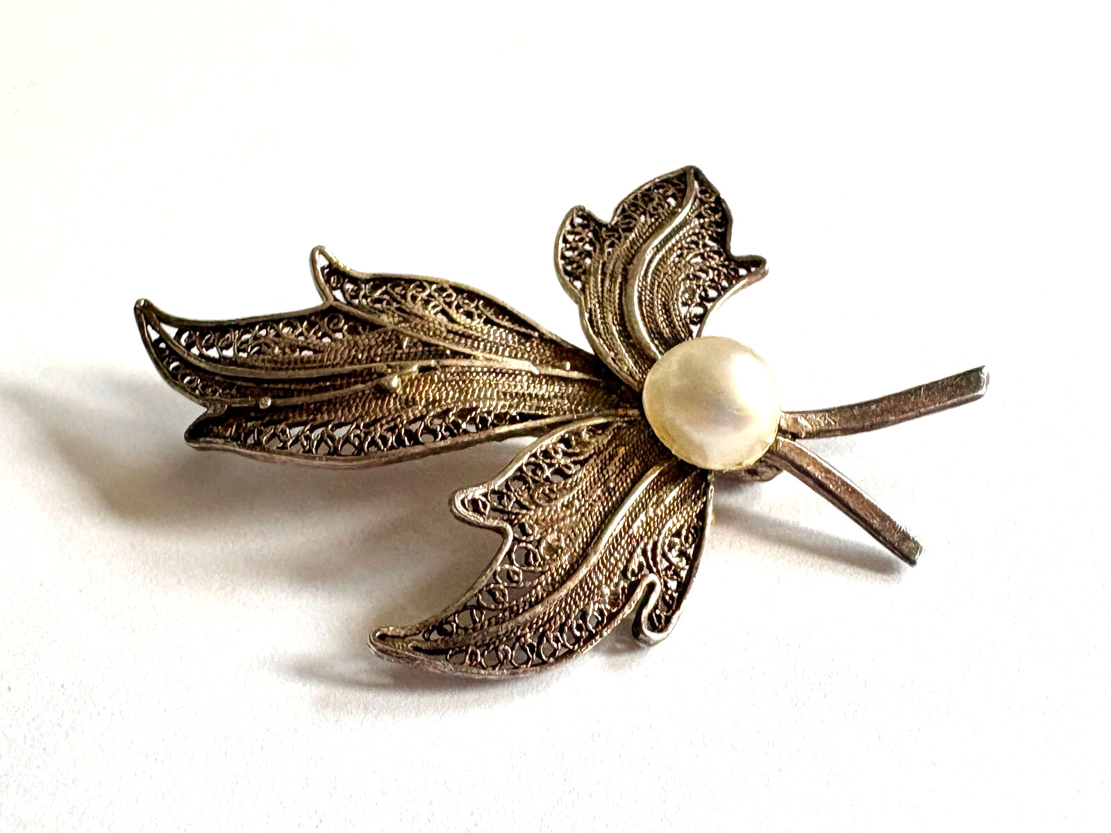 Antique Cannetille Sterling Silver Brooch Faux Pearl Leaf Filigree Pin
