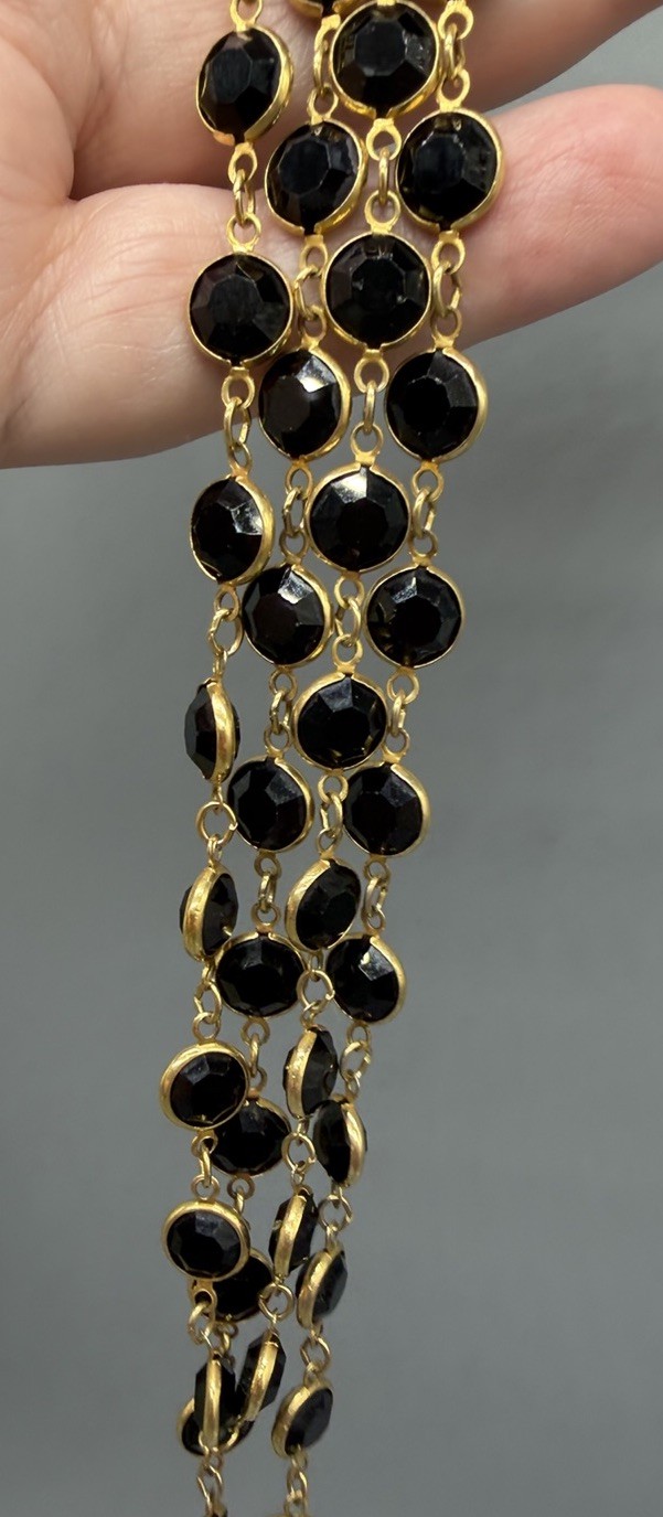 Swarovski Crystal Necklace Bezel Set Black Faceted Crystals Long Gold Tone 35”