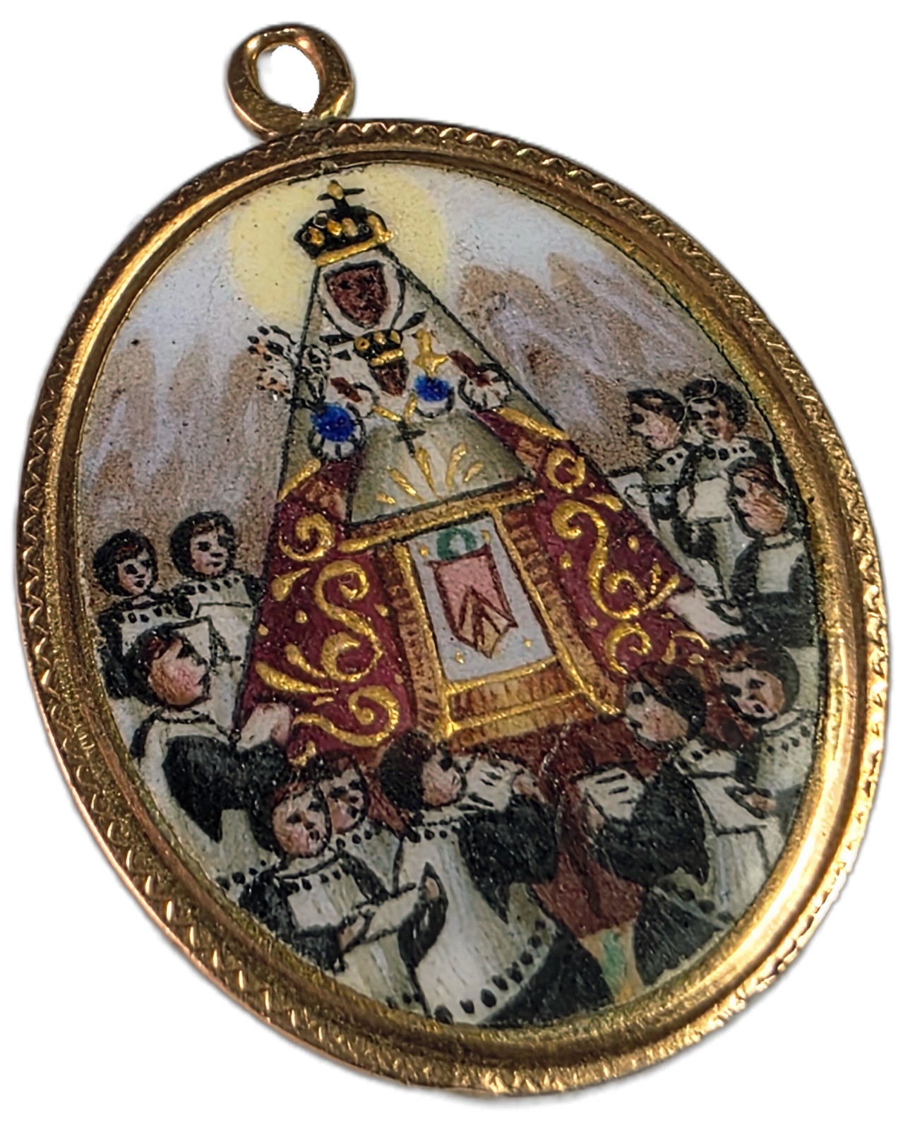 Antique Enameled Gold Medal Virgin Mary Madonna Pendant – 18K Gold