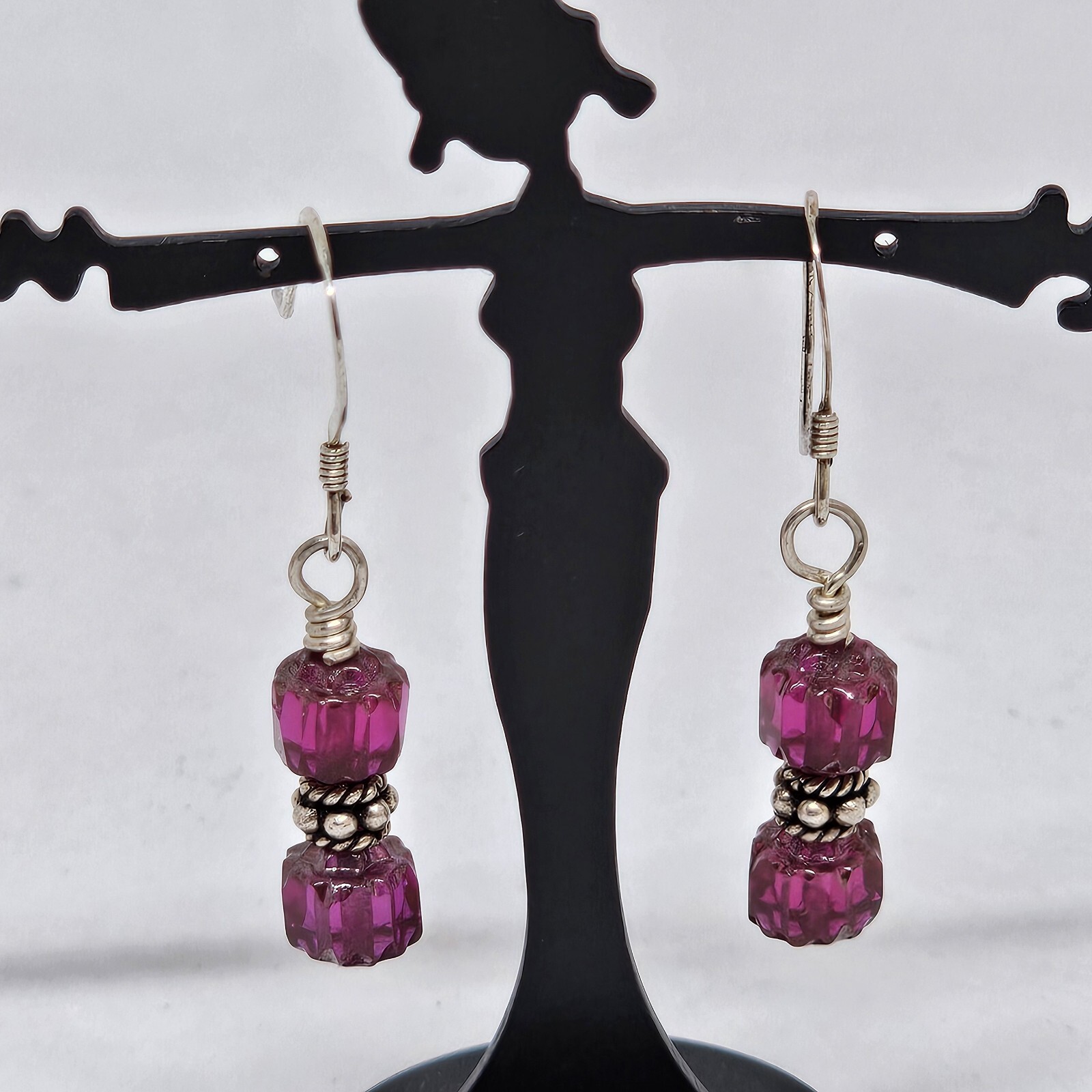 925 Sterling Silver – Fuchsia Red Glass Crystal Bead Drop Dangle Earrings
