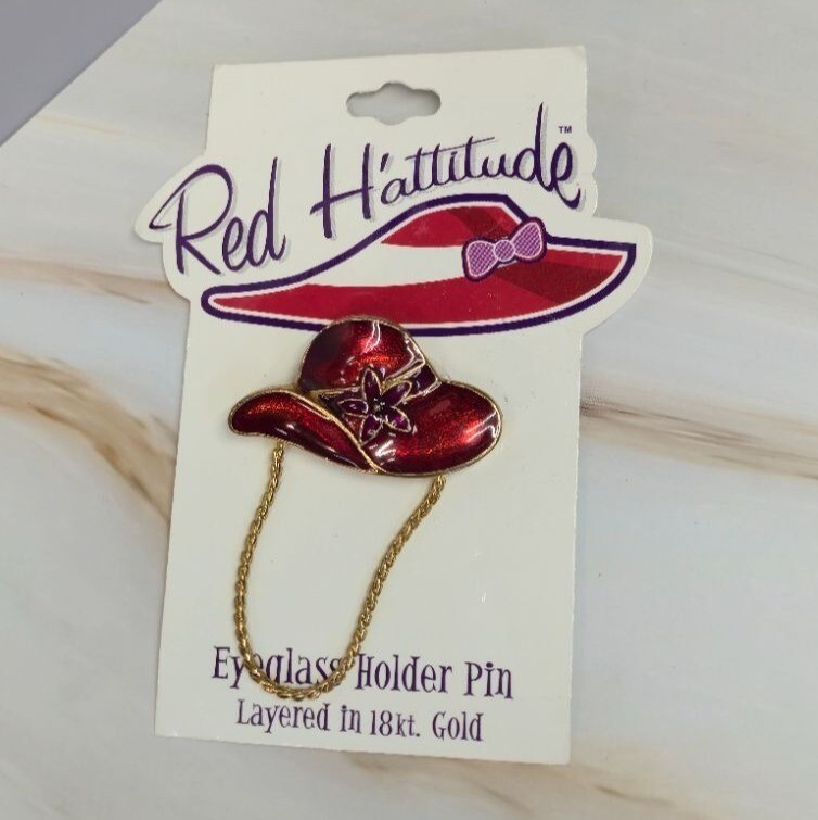 NEW 18K Gold Red Hattitude hat Society Eyeglass Holder Pin Brooch Vintage NOS