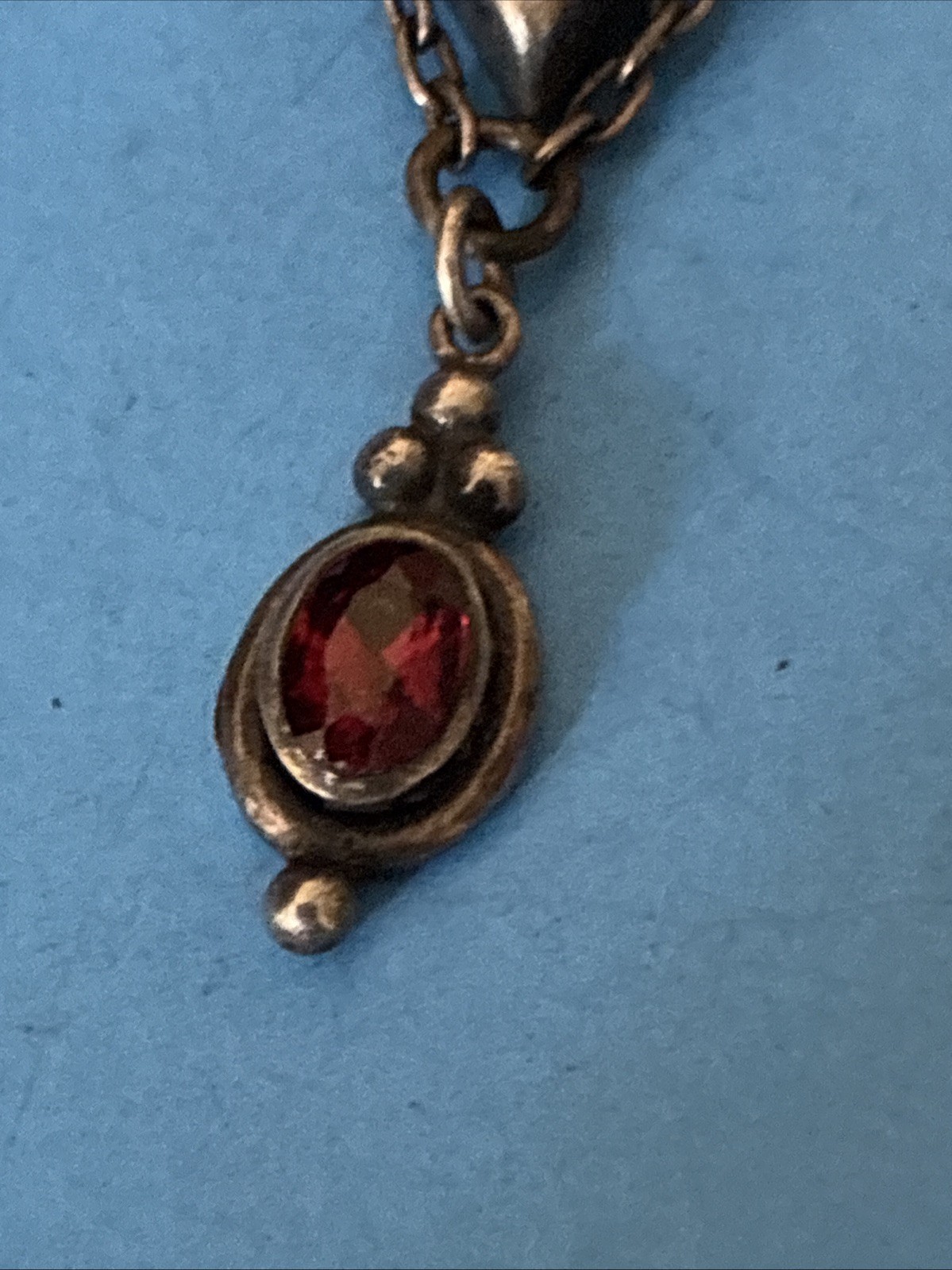 Antique Art Deco Sterling Silver Lavalier Red Garnet Pendant Necklace 17”