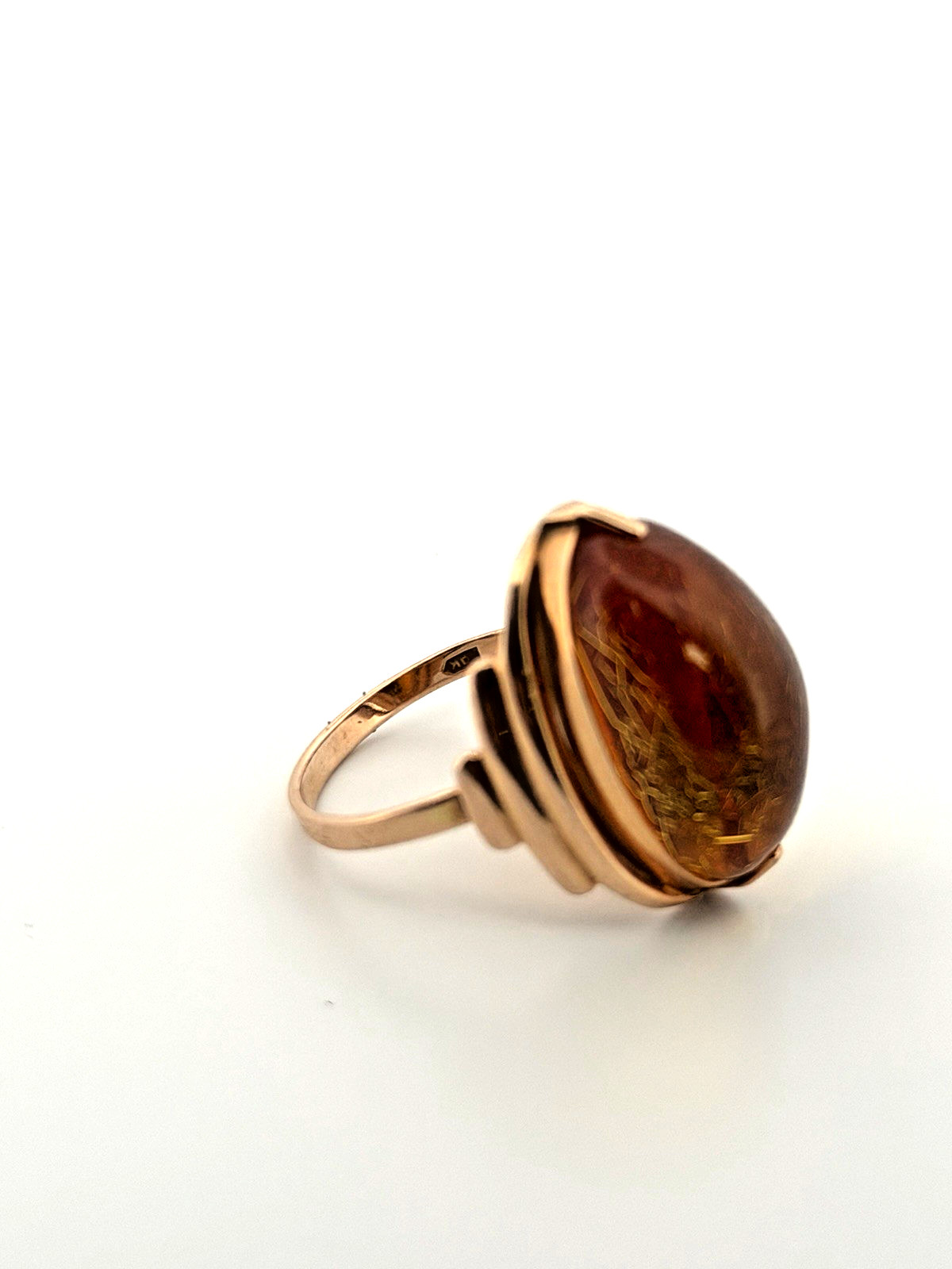 Vintage Russia 14K 585 Rose Pink Gold Honey Amber Earrings And Ring Set