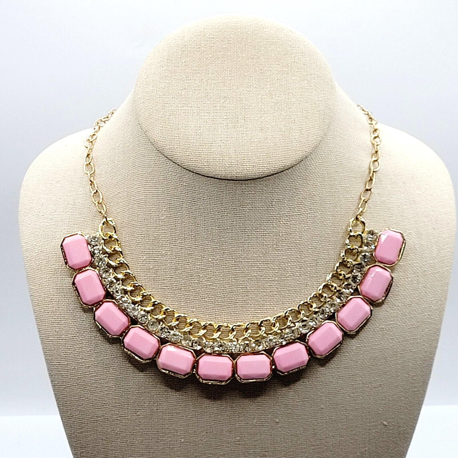 Fancy Rhinestone & Pink Acrylic with Milkglass Style Vintage Gold Tone Necklace