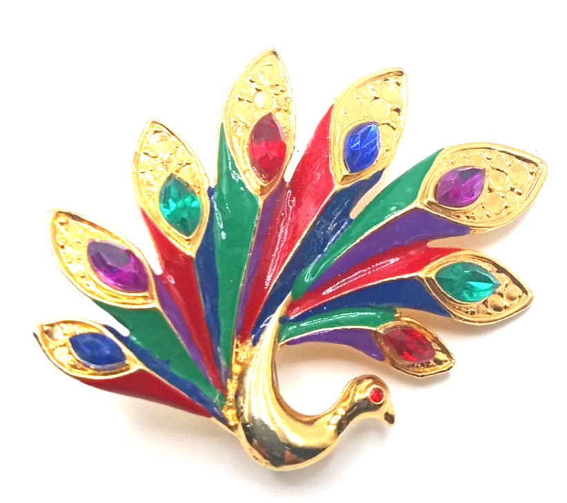 Vtg Gold Tone Blue Red Green Purple Enamel and Rhinestone Lovely Peacock Brooch
