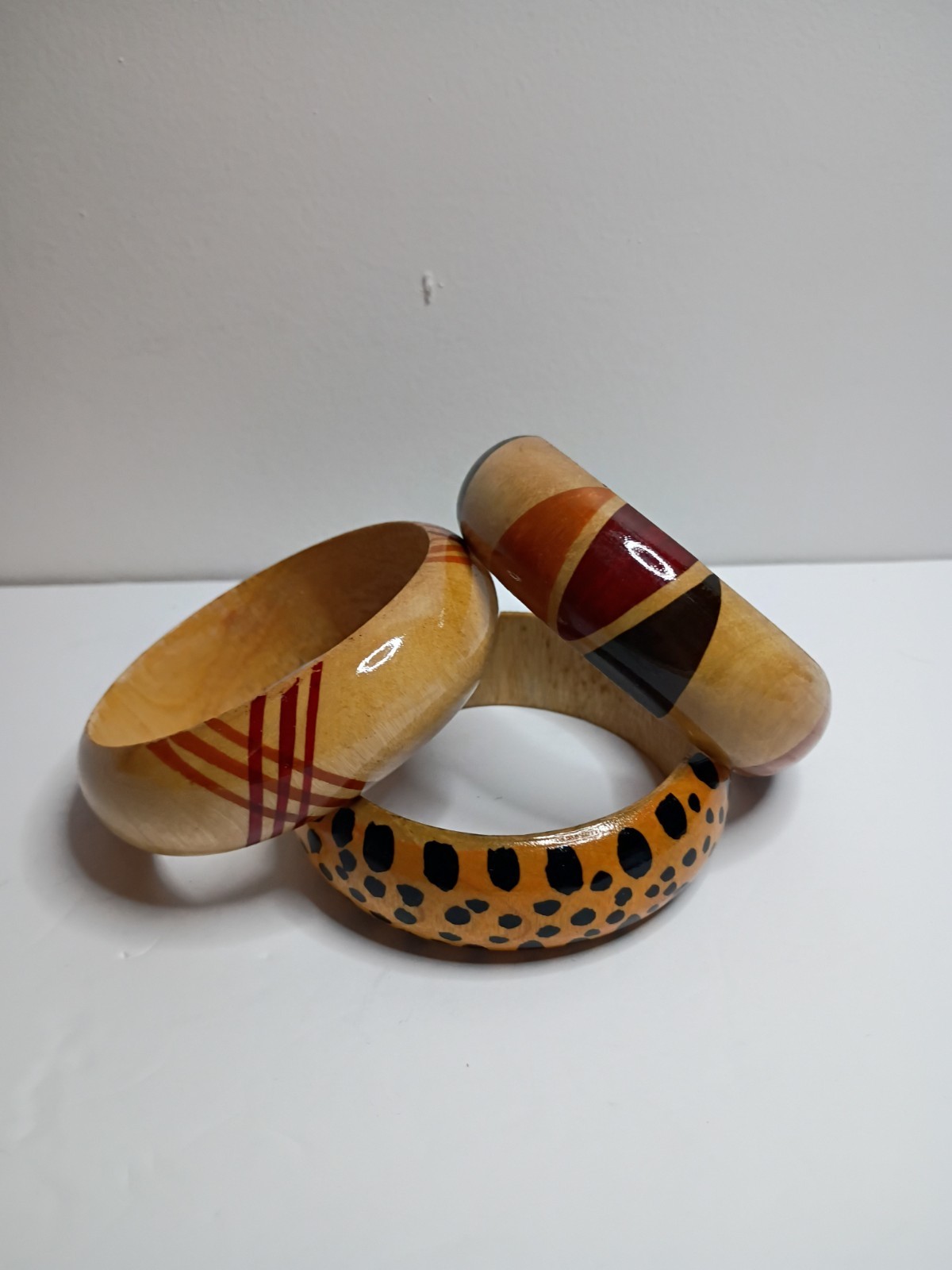 Lot Of 3 Vintage Wooden Bangle Bracelet Boho Chunky Bold Statement 1″ Thick Chee