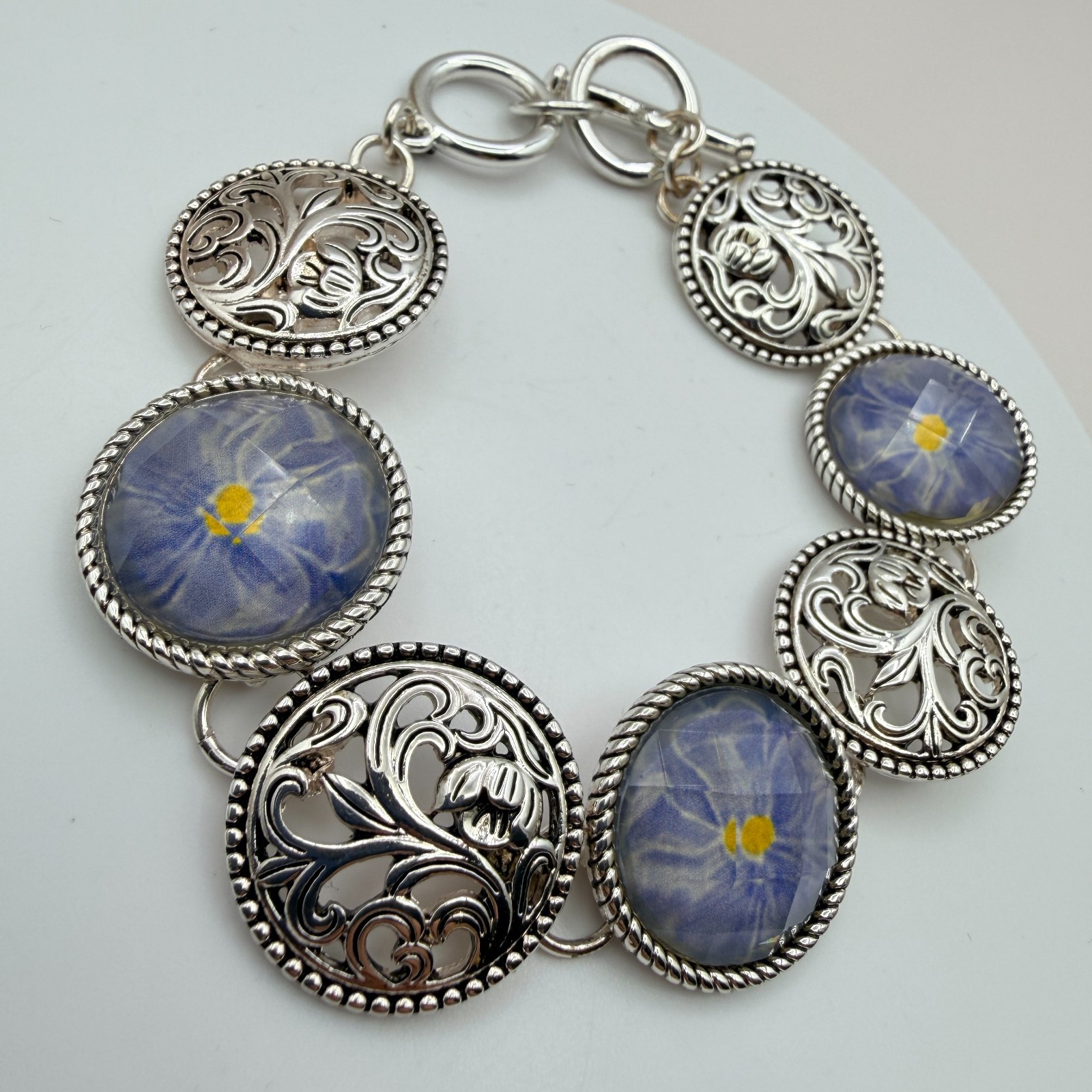 Vintage 90s Silver Tone Blue Flower Glass Cabochon Classic Fashion Jewelry Set