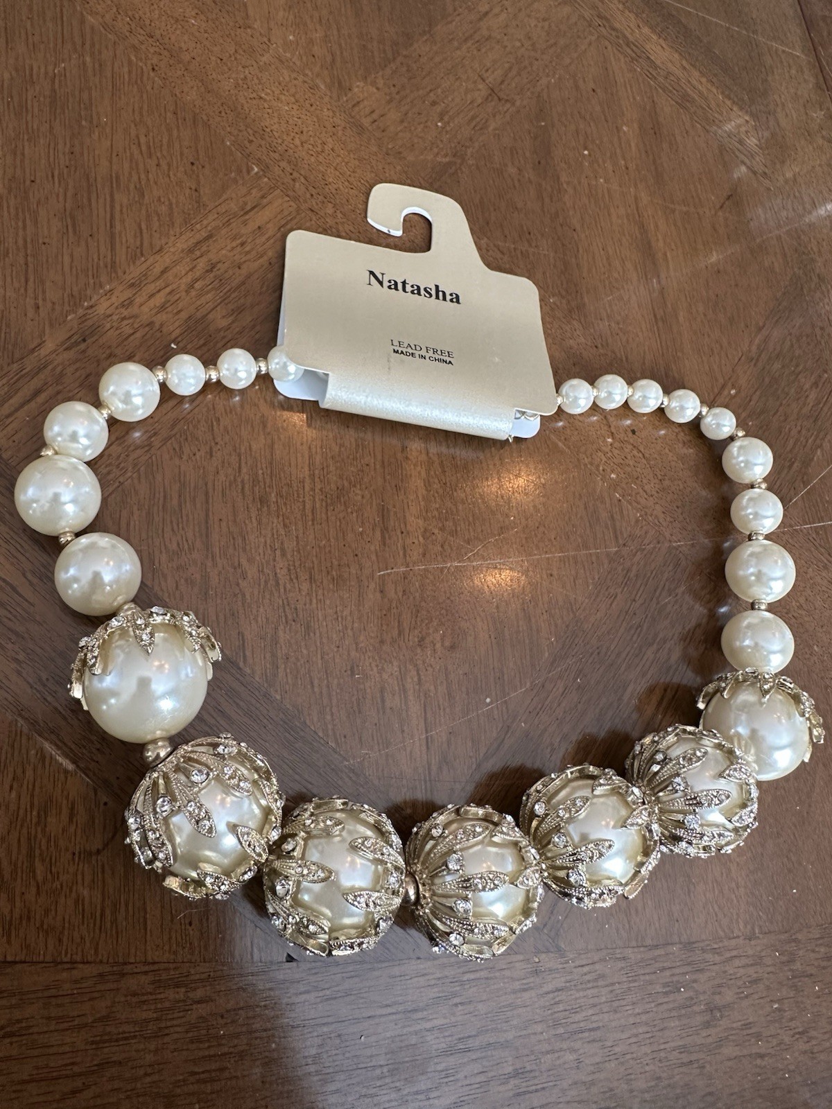 Vintage Natasha Off-White Faux Pearl Rhinestone Statement Necklace Signed New!
