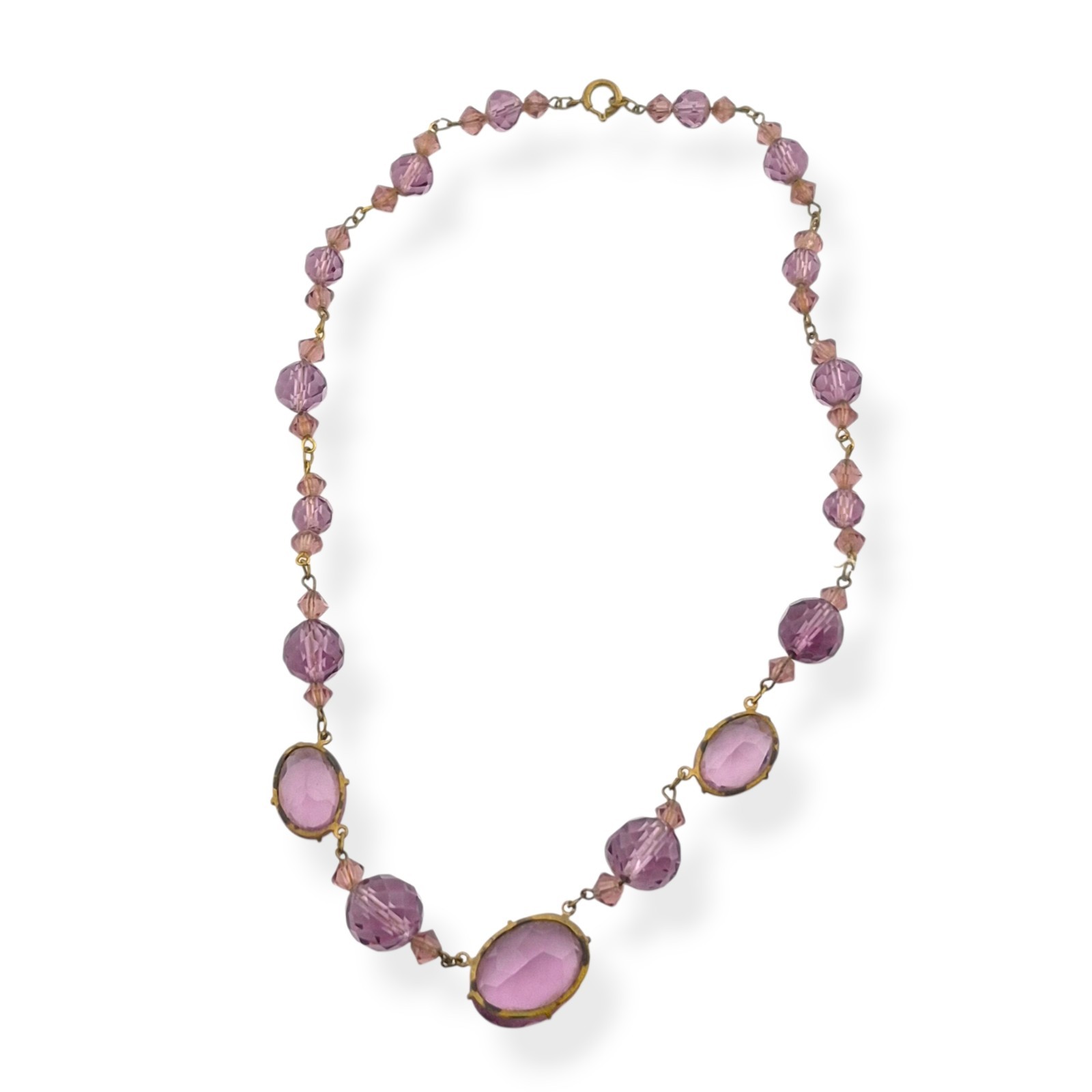 Vintage Art Deco Amethyst Purple Glass Bead Necklace Faceted Prong Set Czech