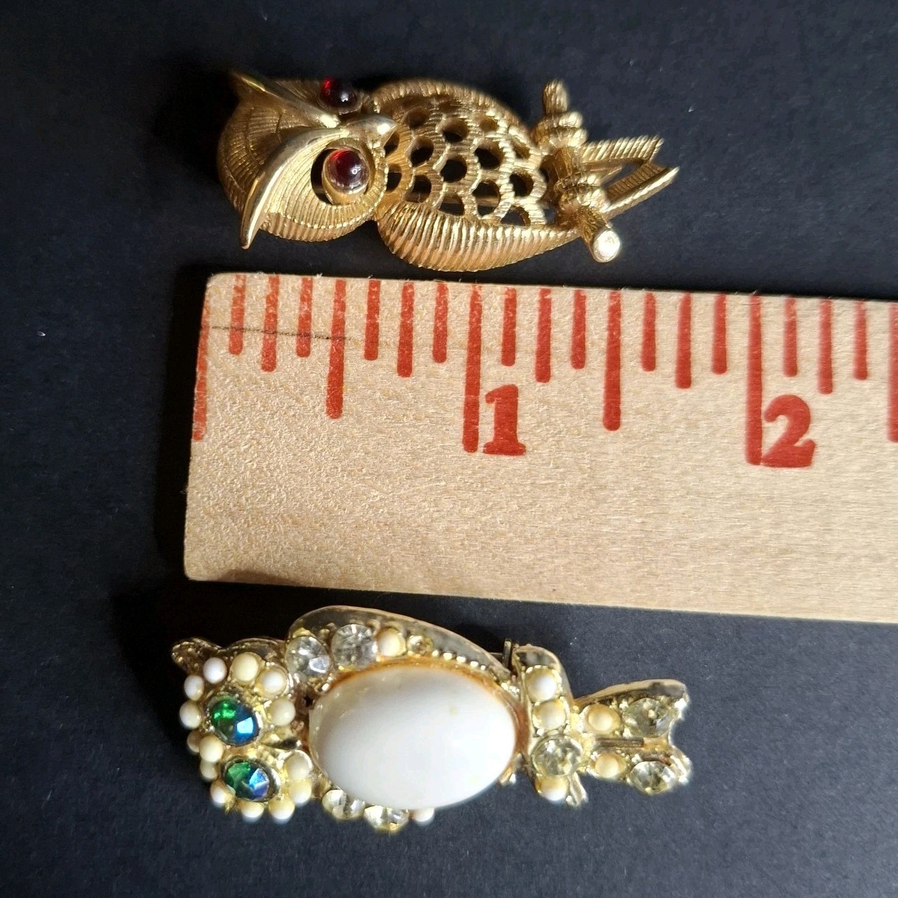 Owl Brooches Green and Red Eyes Rhinestone Gold and Silver Tone Pins Vintage