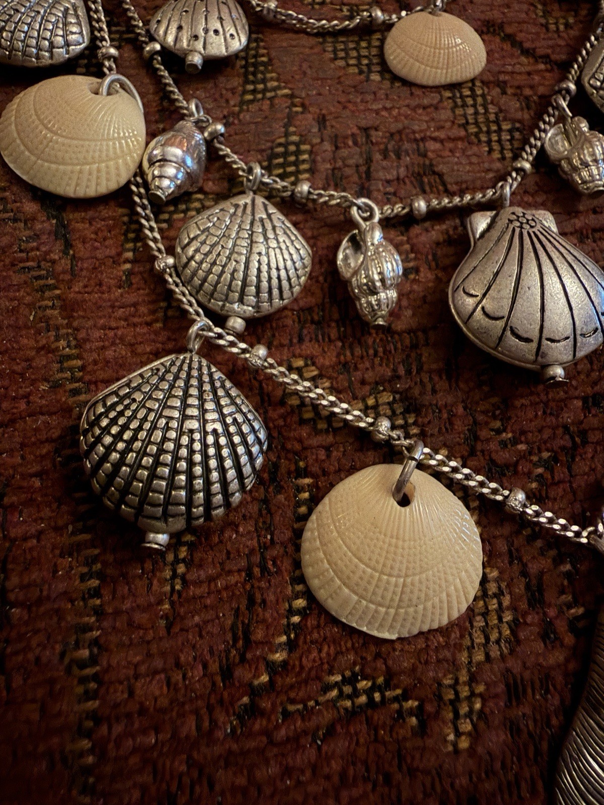 Vintage Silver Tone Multi Chain Metal And Natural Shell 3 Tier Necklace. 18in
