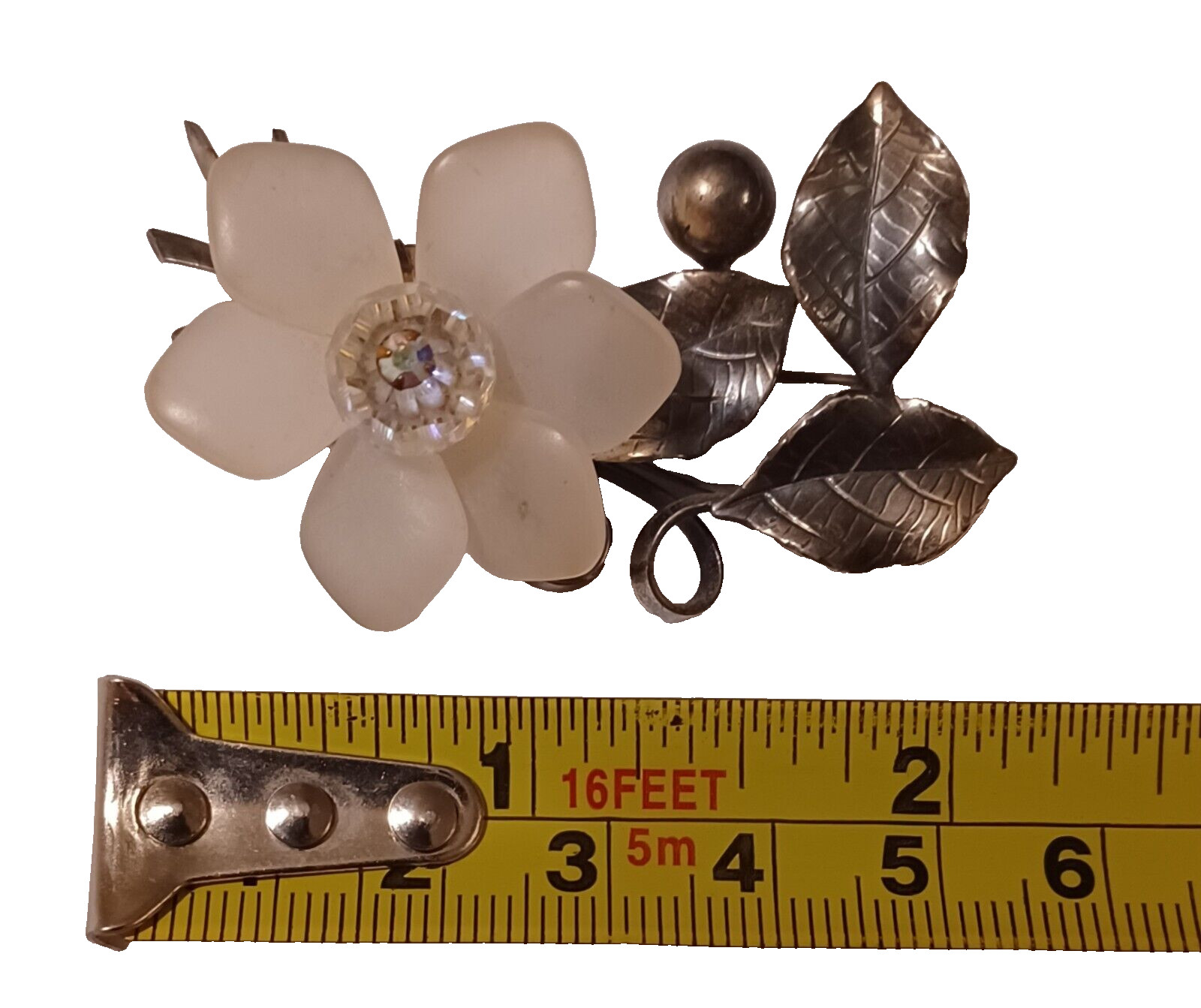 Vintage Frosted Lucite Flower Brooch Pin Crystal Stone Center Pewter Tone Metal