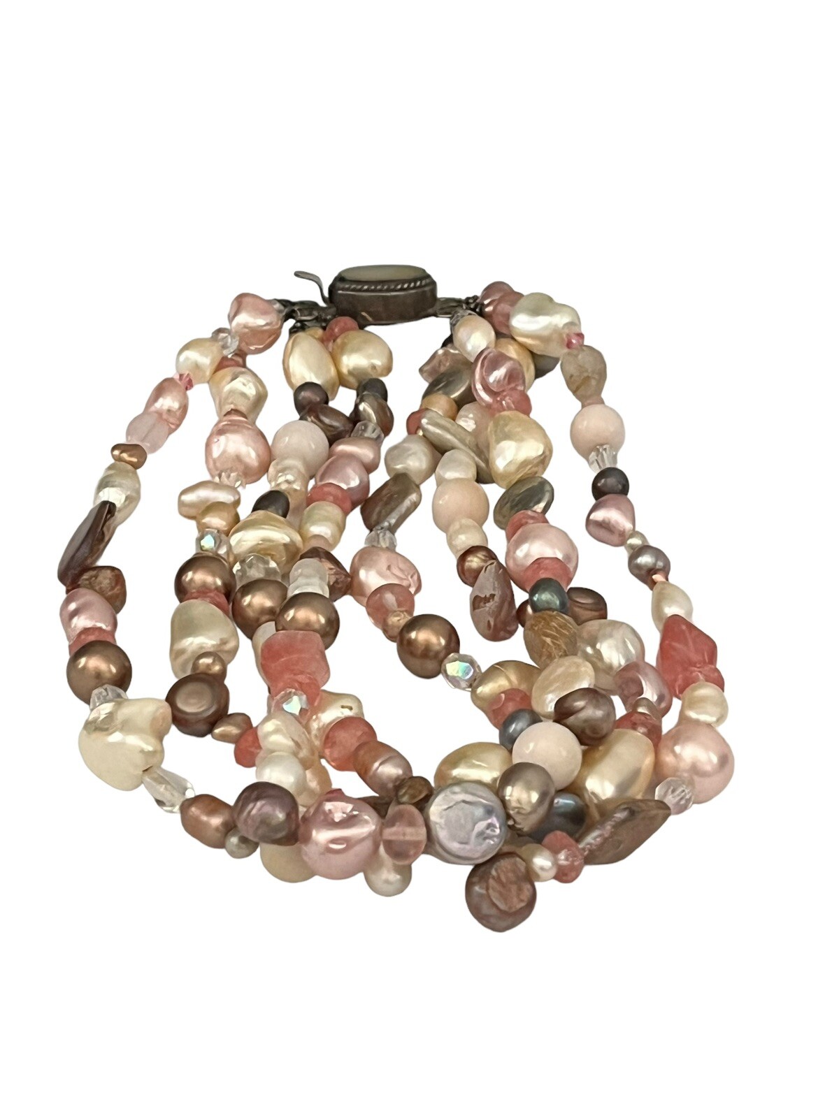 Vintage Faux Pearl Necklace 3 Strands Box Tab Clasp Made In India Pink Choker