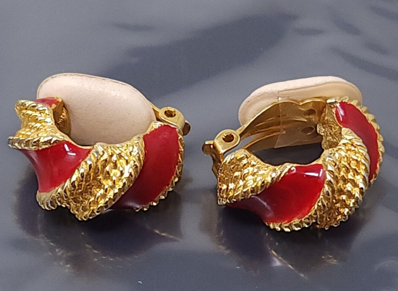 Vintage Gay Boyer Red Enamel Gold tone Hoop Clip Earrings