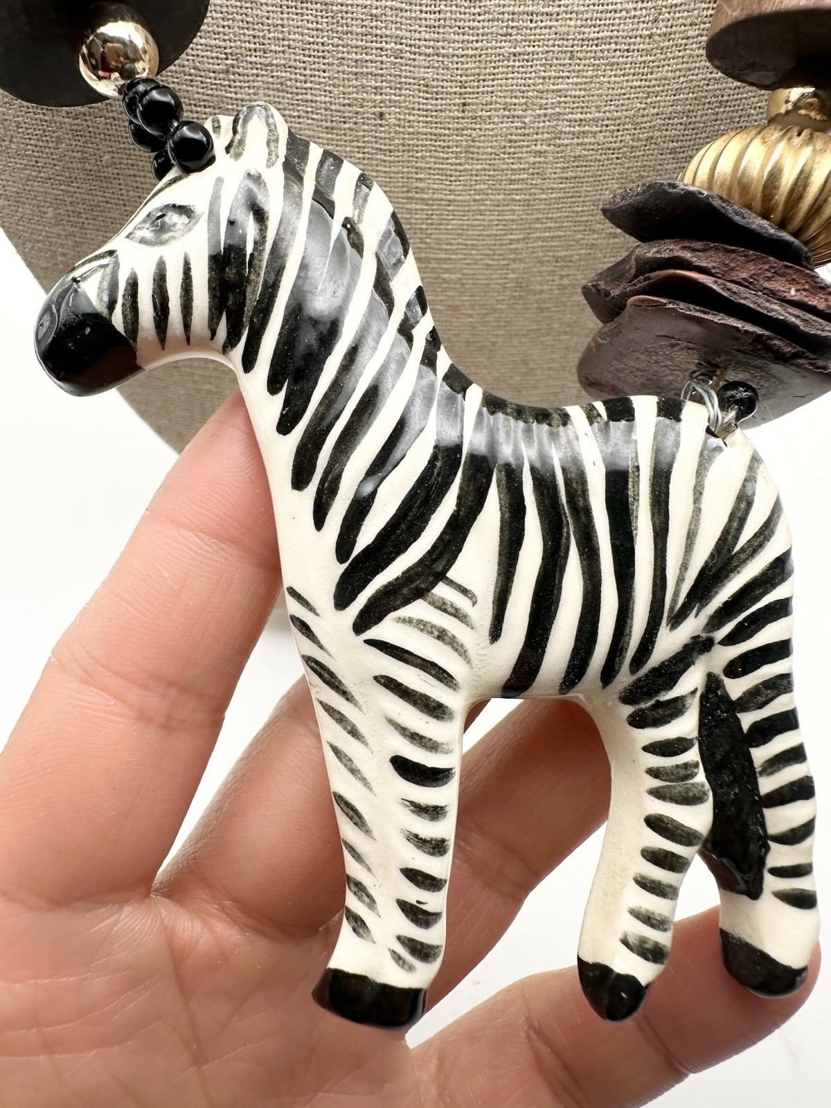 Vintage Ceramic Zebra Wood Bead Necklace 22”