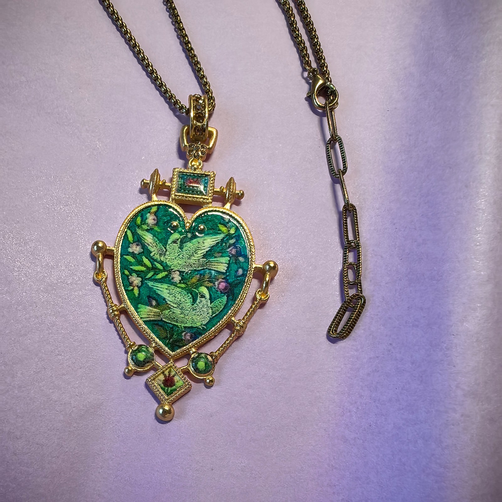Vintage European Heart Enamel Necklace Unique Dove Inlay Retro Pendant Jewelry