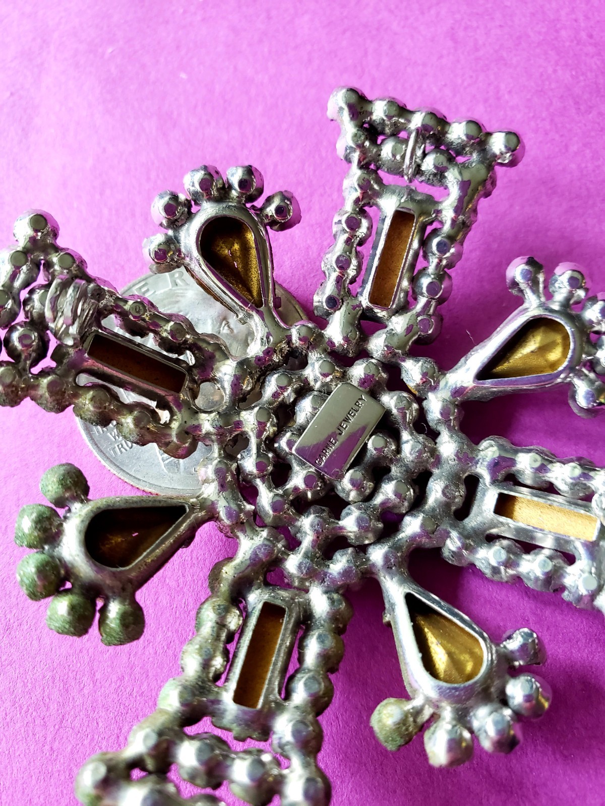 VTG GARNE New York Maltese Cross Prong Set Clear Rhinestone 2.5″ Pot Metal FAB**