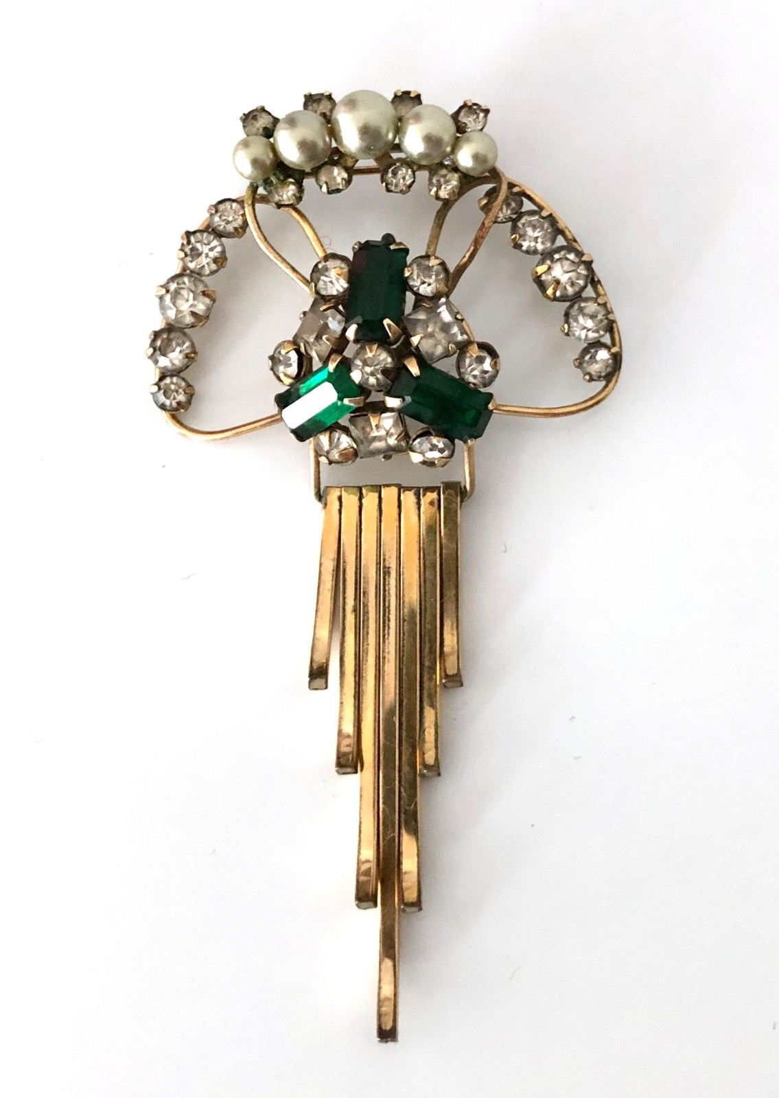 Gold Filled M&S Brooch Pendant 12KT GF Green Stones Prong Set Art Deco Vintage