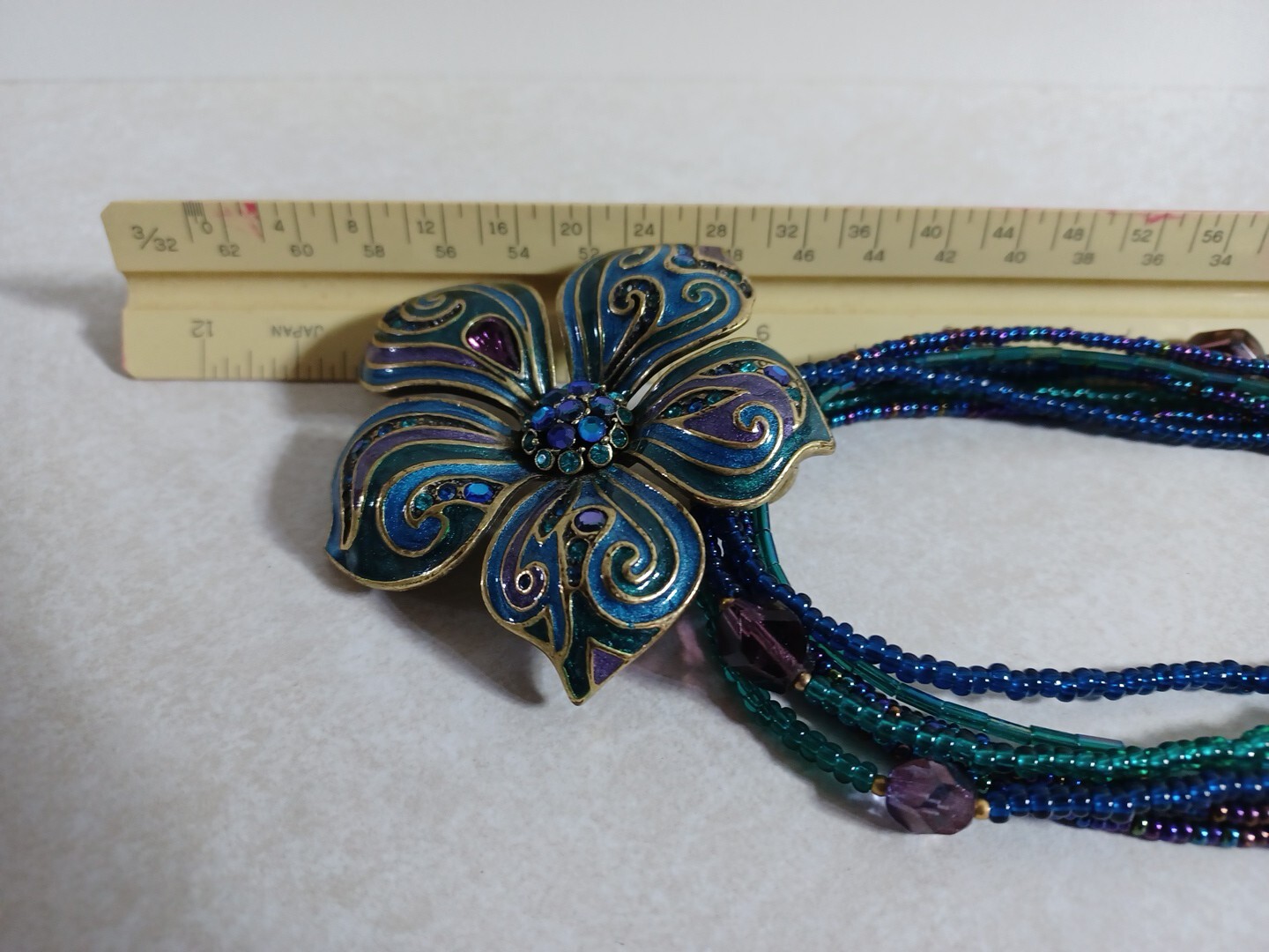 7 Strand Blue And Purple Beaded Necklace With Flower Pendent Vintage Necklace
