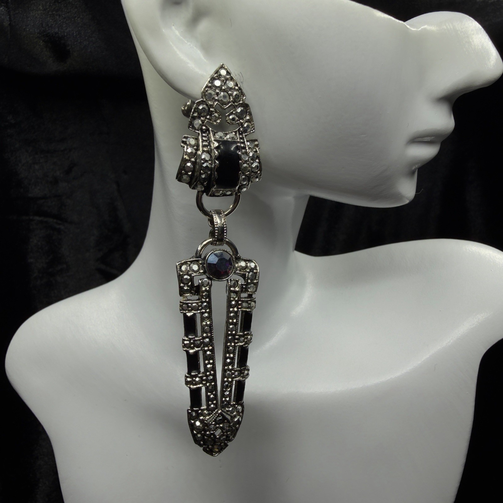 Vintage Signed▪️ KIRKS FOLLY Black Marcasite ART DECO Rhinestone DANGLE Earrings