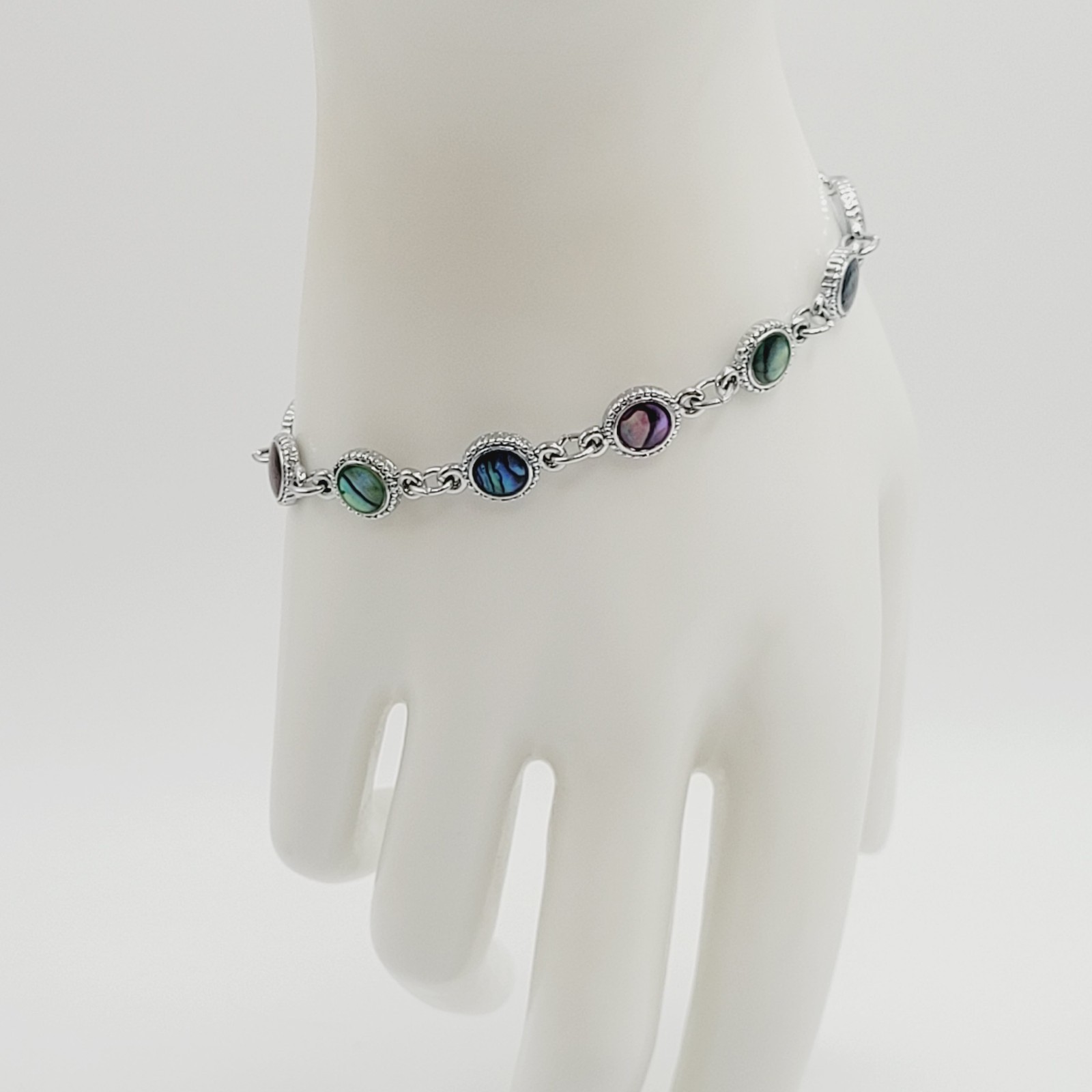 Signed SJ Colorful Paua Abalone Shell Silver Tone Link Vintage Bracelet 7.25 in