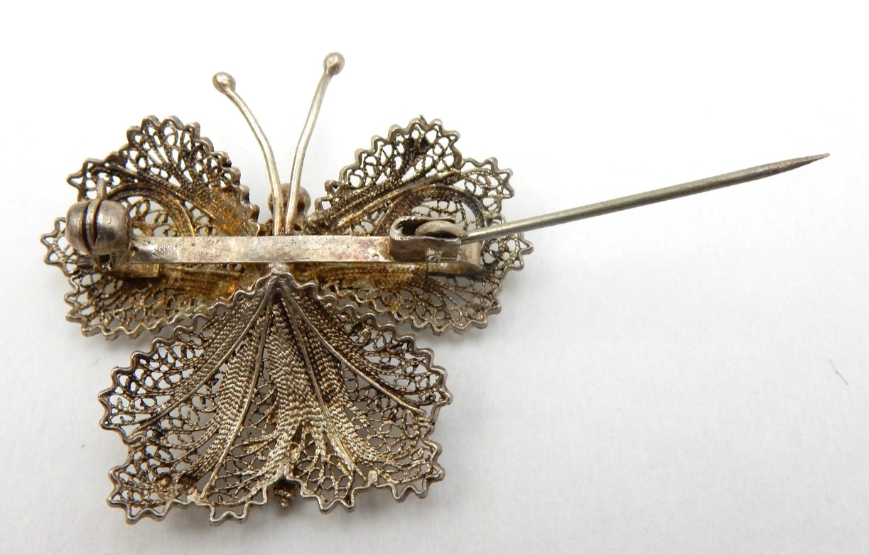 VINTAGE SOLID SILVER FINE CANNETILLE FILIGREE BUTTERFLY BROOCH PIN, 5.3 GRAMS