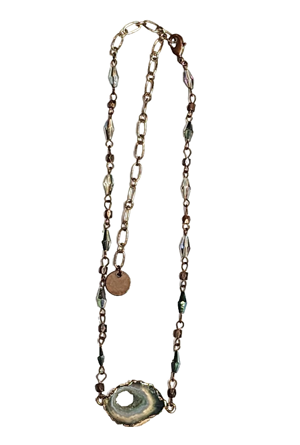 Vintage Sweet Lola Brass Blue Green Beaded Geode Pendant Necklace 17″ Choker
