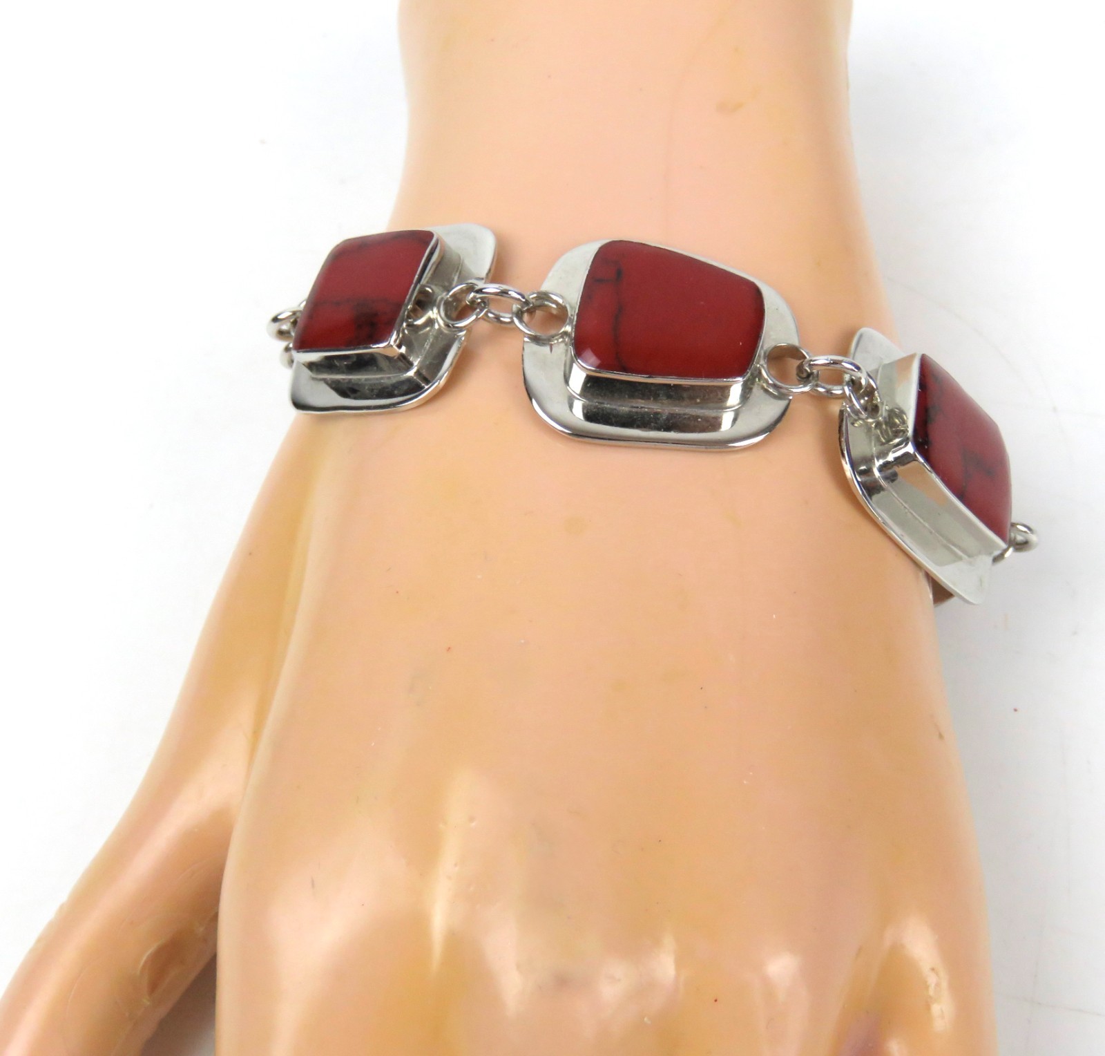 ATI MEXICO 925 Sterling Silver Jasper Stone Link Bracelet Toggle Closure