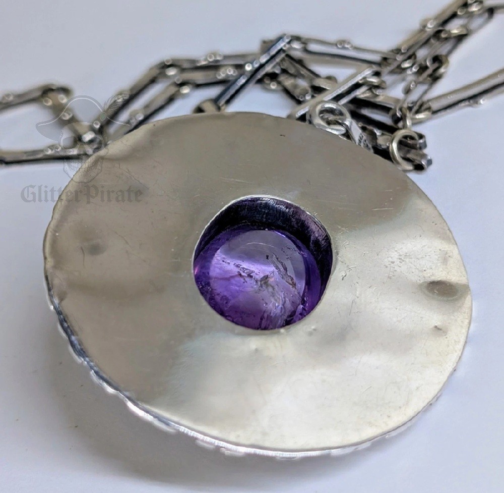 Large 2.88″ Vintage Native American Sterling Silver Cab Amethyst Pendant w Chain