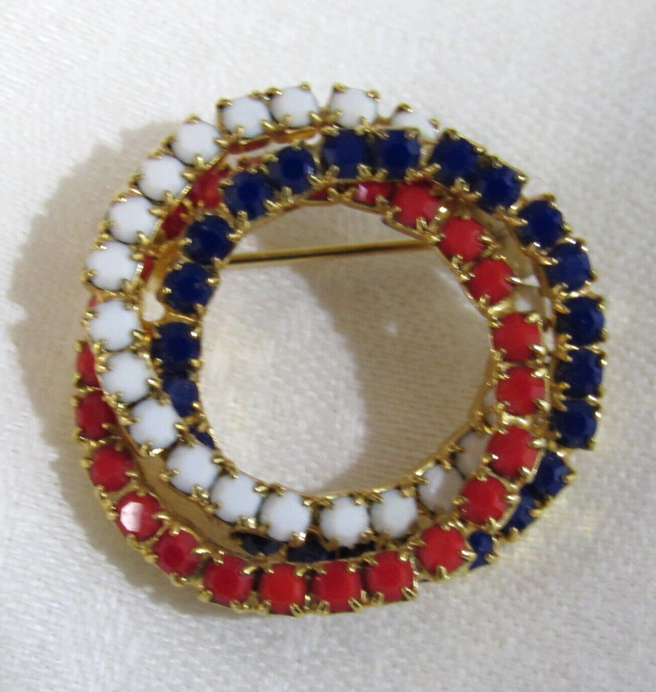 Vintage Beaded Circle Pin Red White and Blue Pronged 1 3/8″ USA 1950s