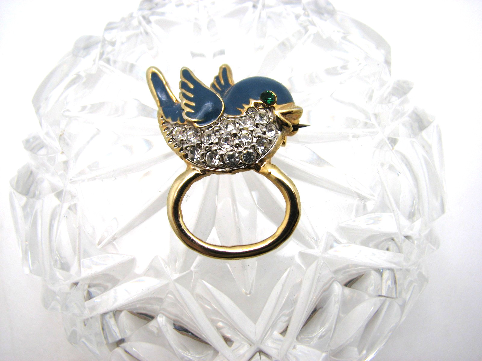 Vintage Enamel & Pave Crystal Bluebird of Happiness Charm/Eyeglass Holder Pin