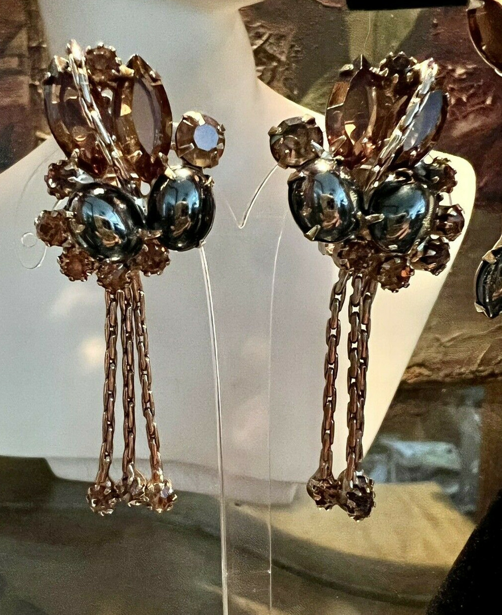 Rare D&E Juliana Hematite Topaz Dangling Chain Rhinestone Drops Brooch Earrings