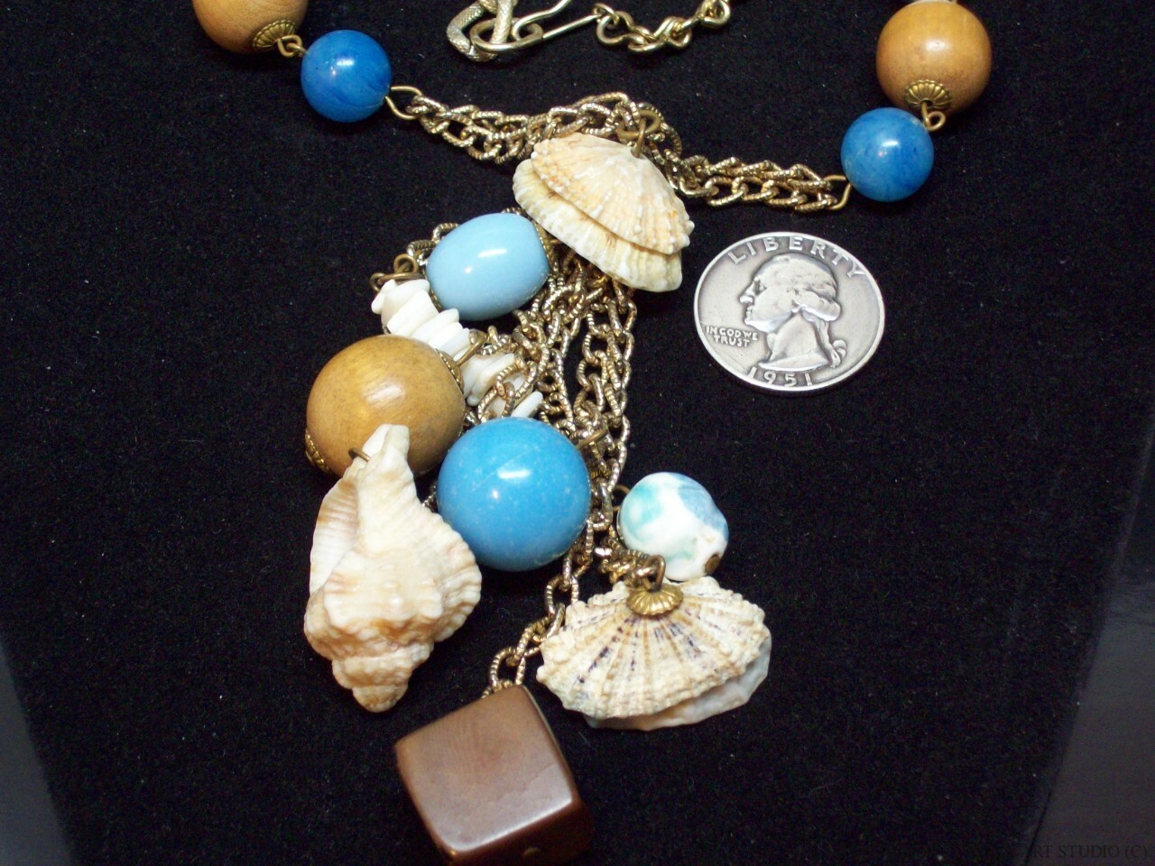 Real Shell Blue Ceramic Wood Beads Chain Necklace Vintage Boho Gold Tone Tassel