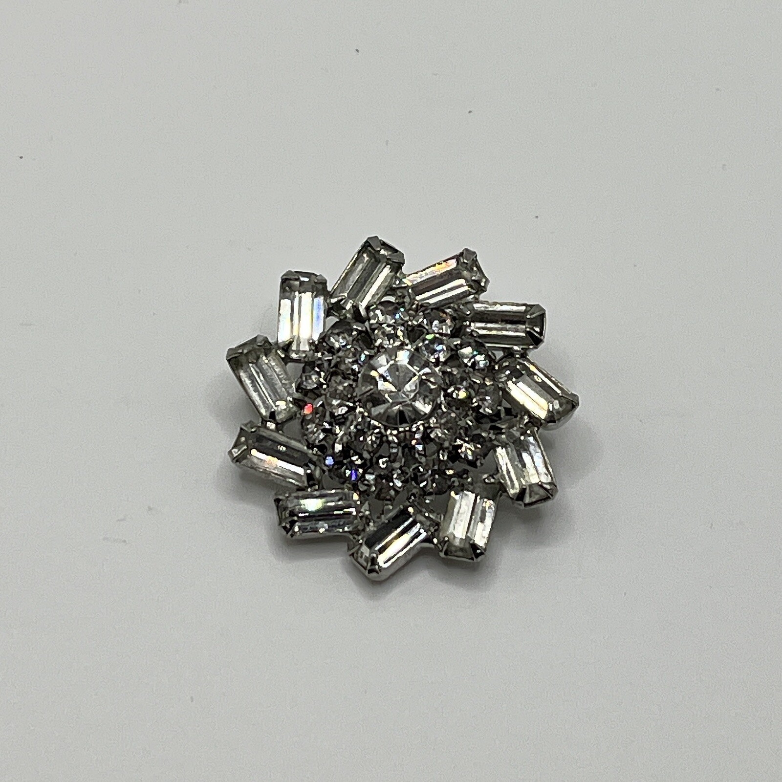 Vintage Emerald Cut and Round Clear Rhinestone Multi-Tiered Prong Set Brooch Pin
