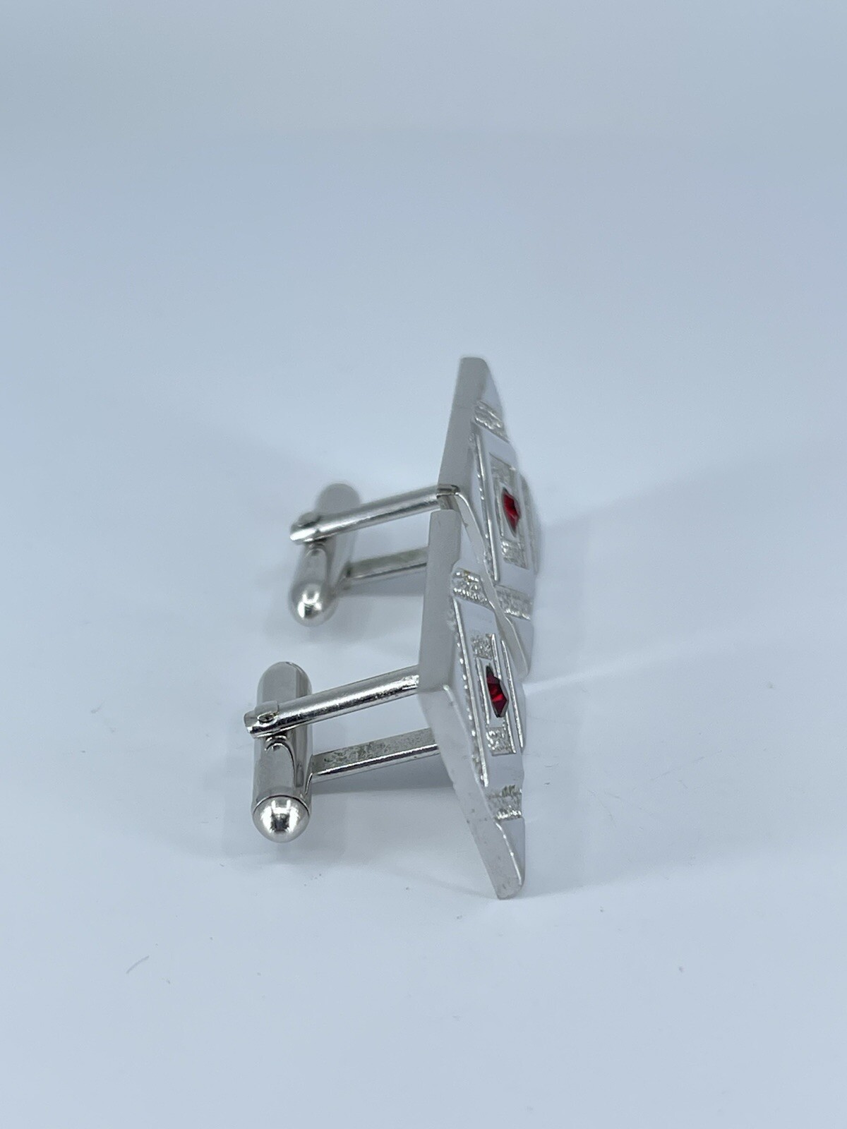Swank rectangle cufflinks red rhinestone brushed polished silver tone