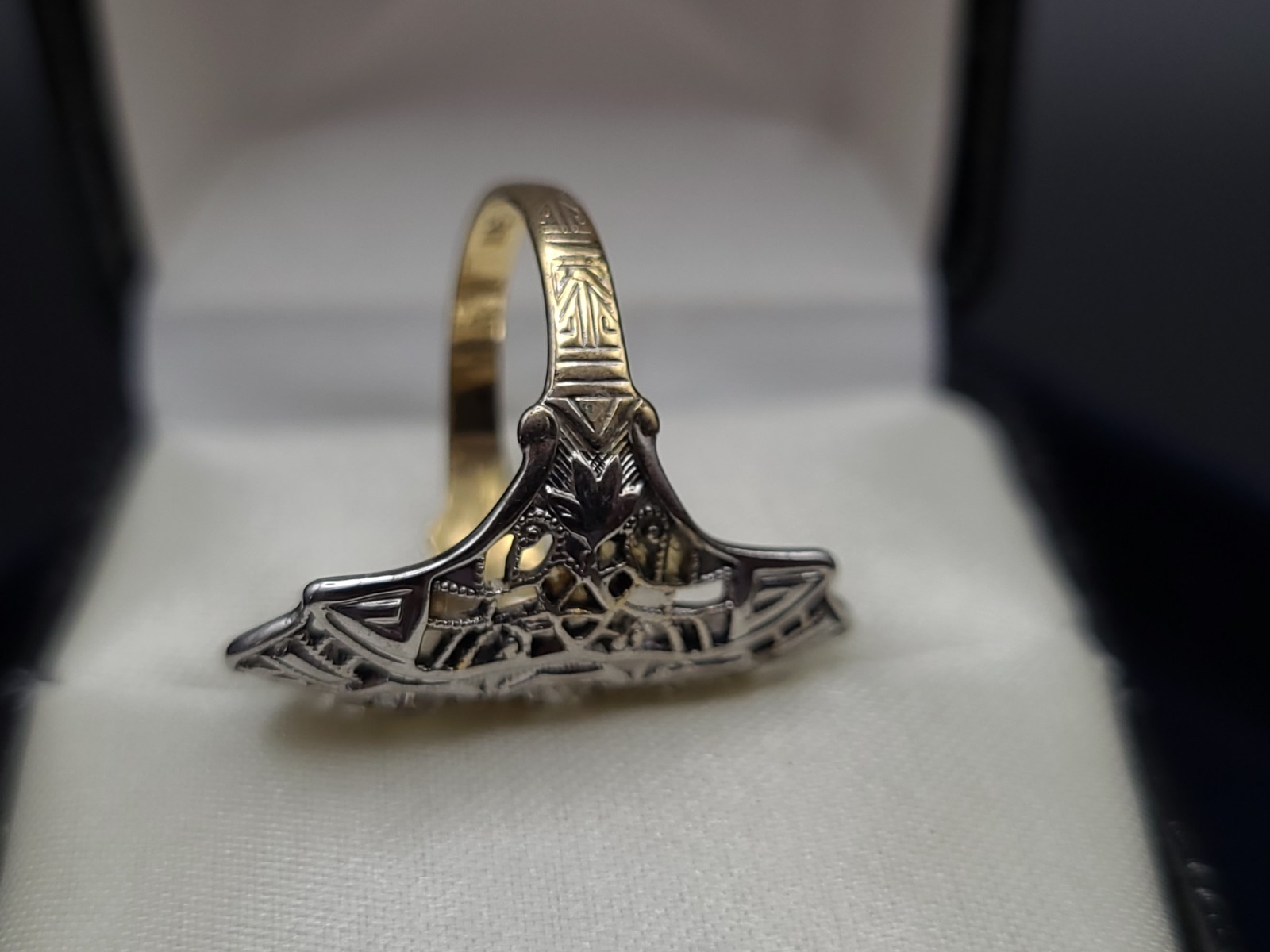 Vintage 14KT GE Art Deco Filigree Glass Stone Ring Size 6.5